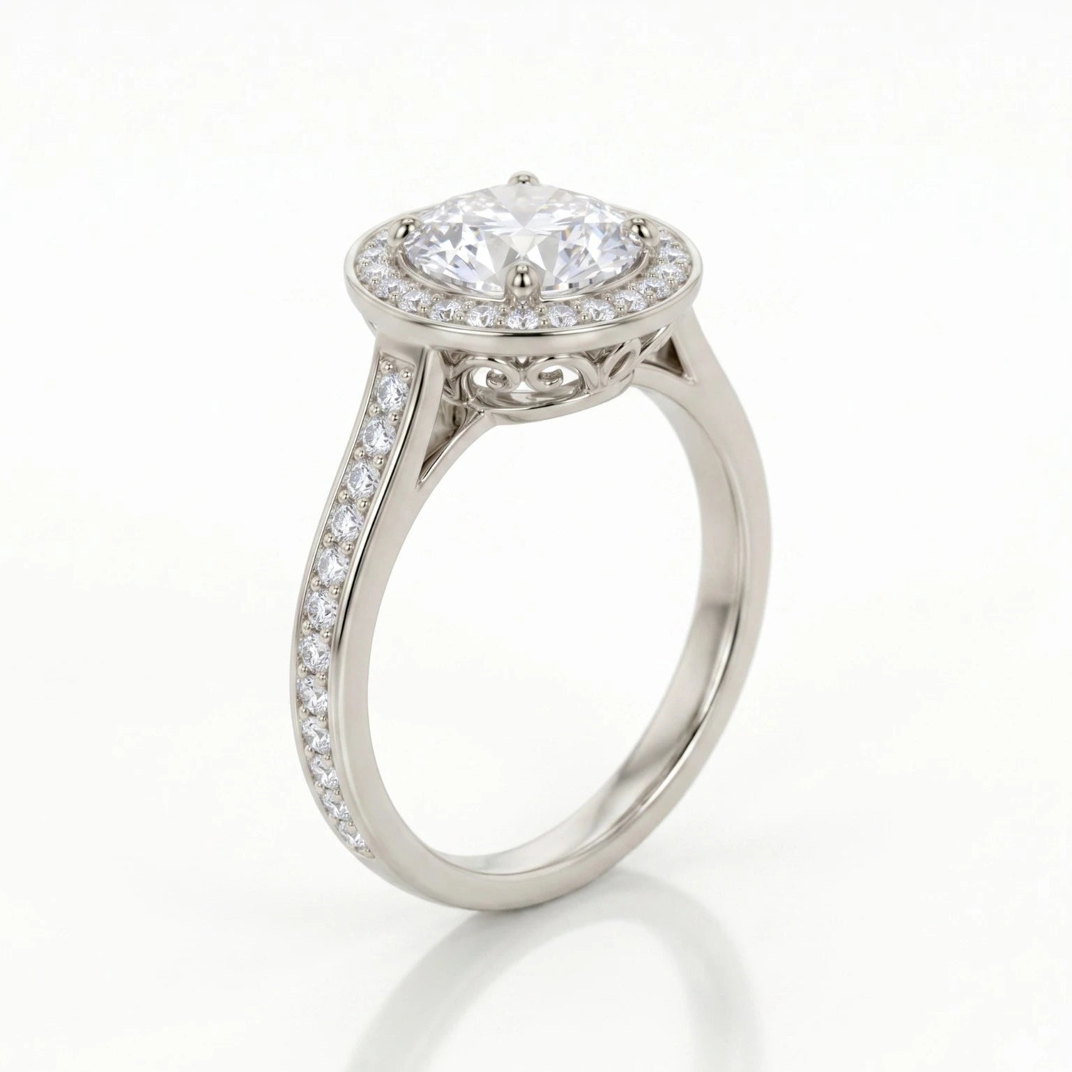 Round Halo Moissanite Engagement Ring with Pavé Band – Classic Vintage Inspired Bridal Ring