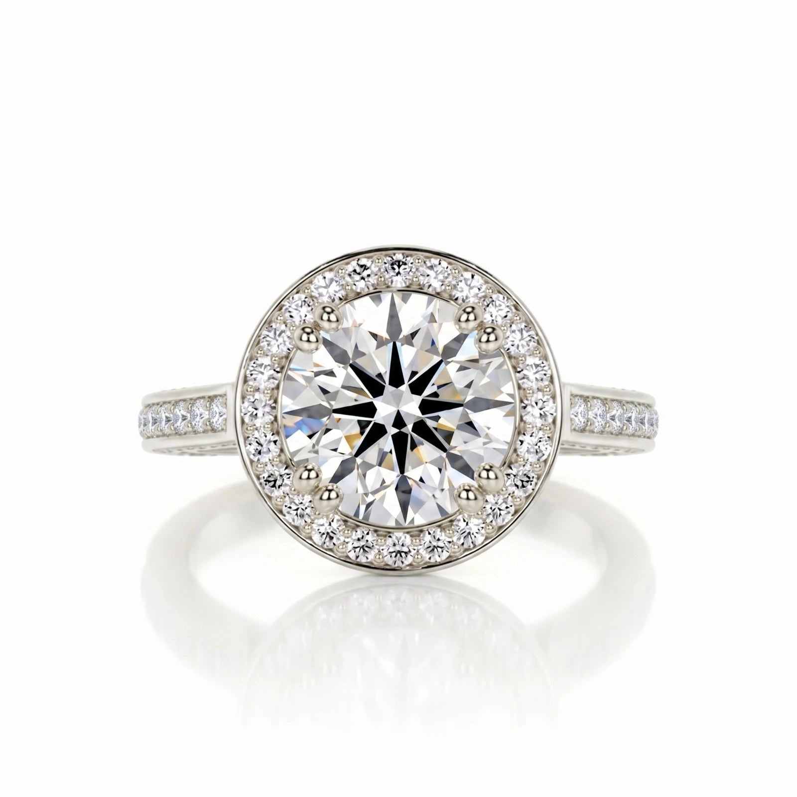Round Halo Moissanite Engagement Ring with Pavé Band – Classic Vintage Inspired Bridal Ring