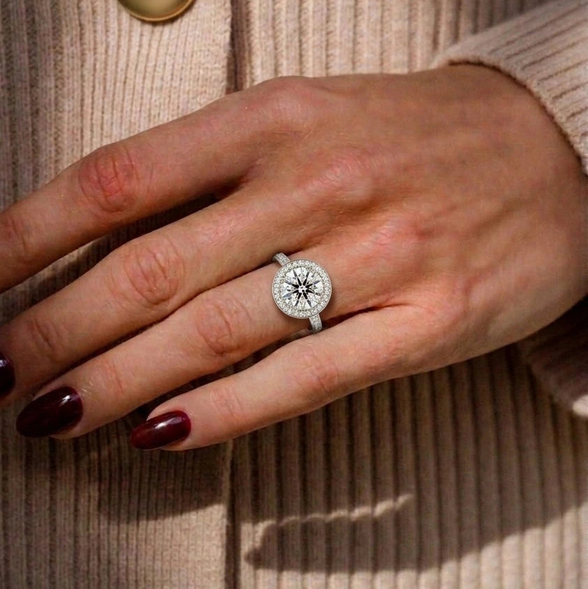 Round Halo Moissanite Engagement Ring with Pavé Band – Classic Vintage Inspired Bridal Ring