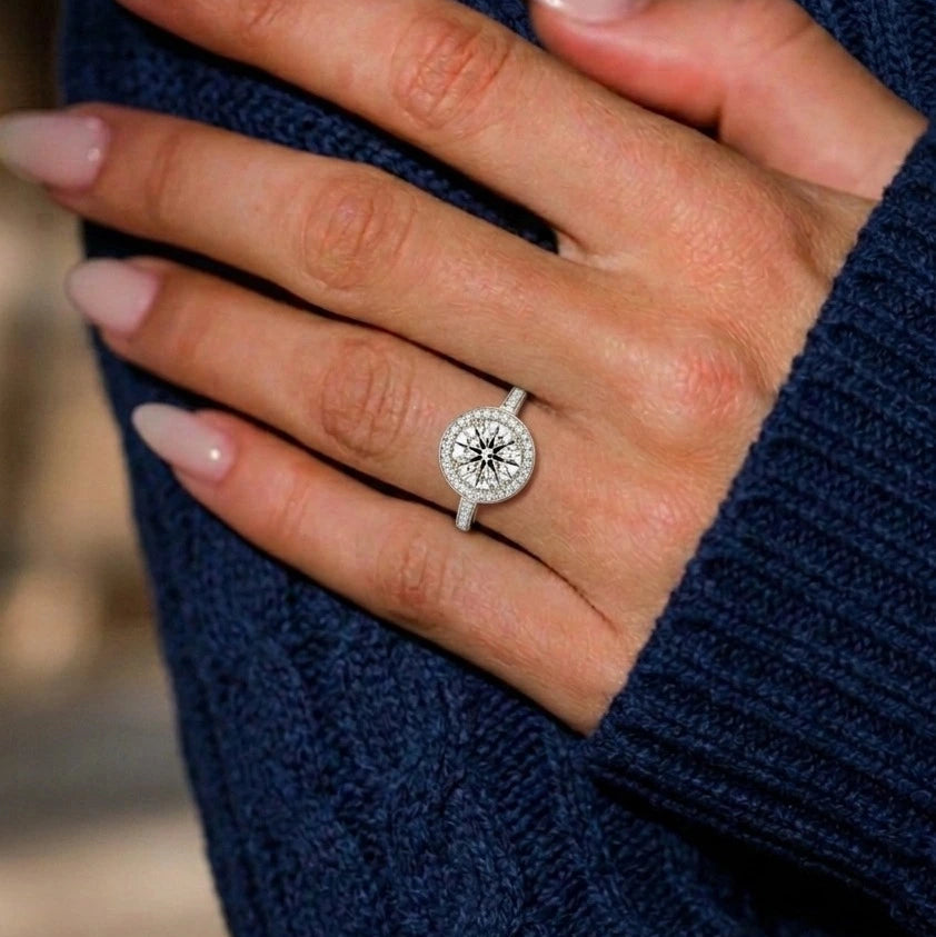 Round Halo Moissanite Engagement Ring with Pavé Band – Classic Vintage Inspired Bridal Ring