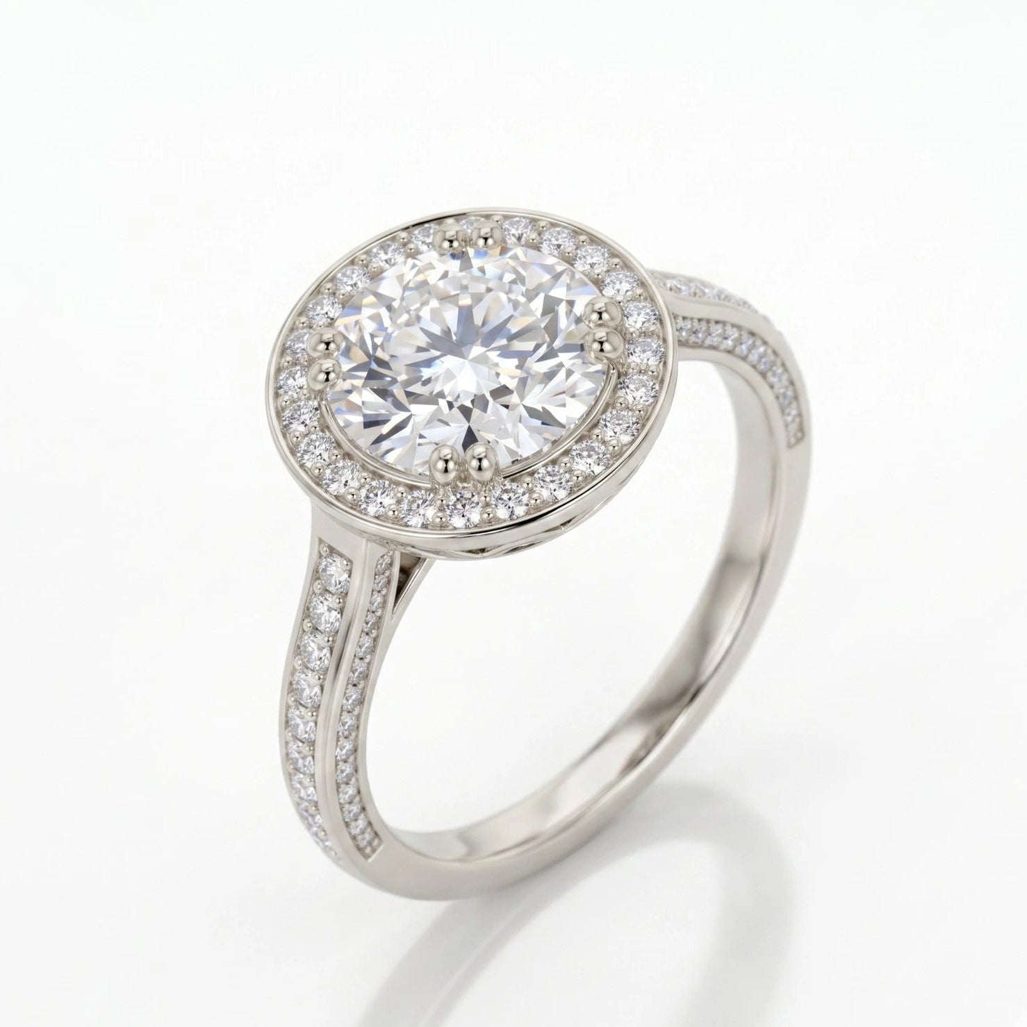 Round Halo Moissanite Engagement Ring with Pavé Band – Classic Vintage Inspired Bridal Ring
