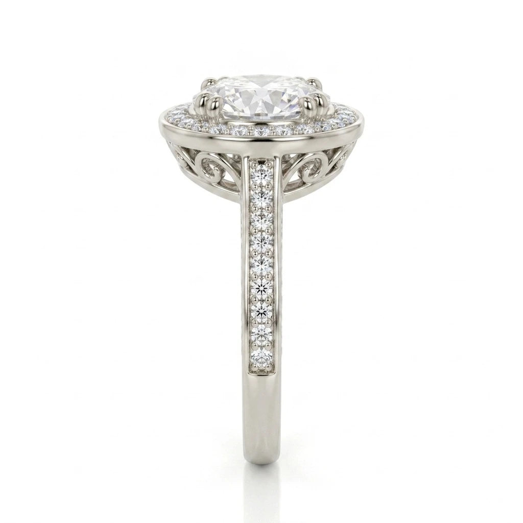 Round Halo Moissanite Engagement Ring with Pavé Band – Classic Vintage Inspired Bridal Ring