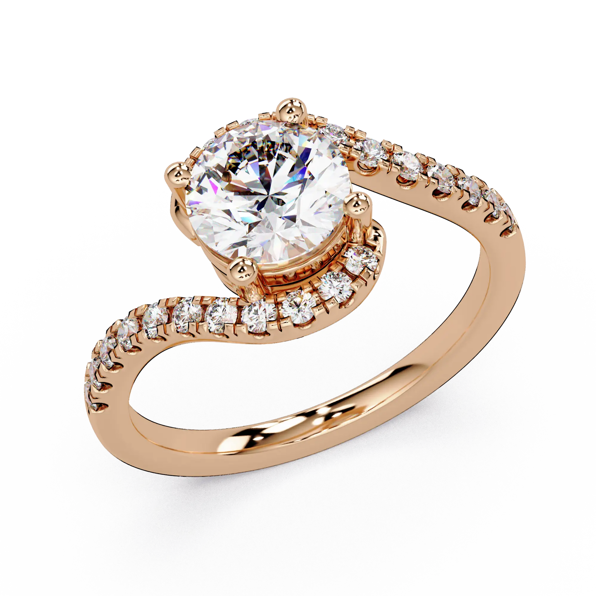 Round Lab Grown Diamond Bypass Engagement Ring - Pave Twist Bridal Ring