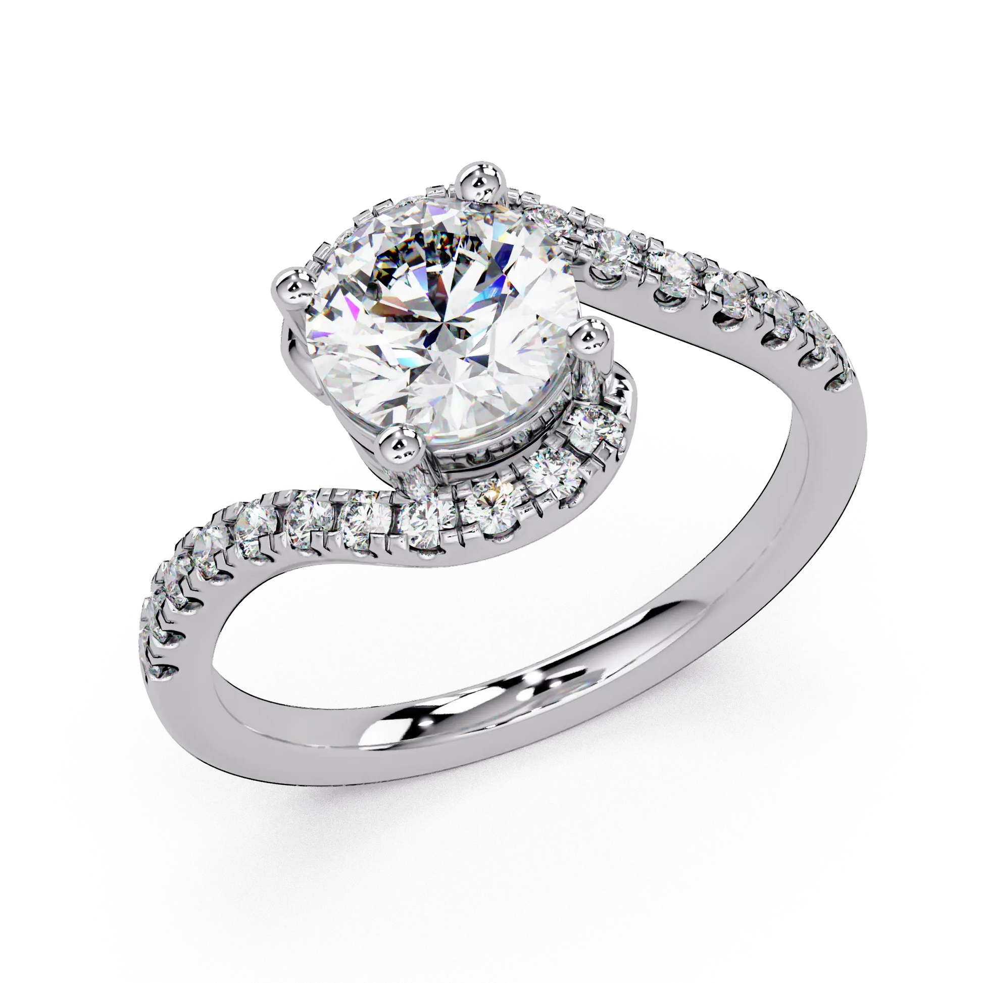 Round Lab Grown Diamond Bypass Engagement Ring - Pave Twist Bridal Ring