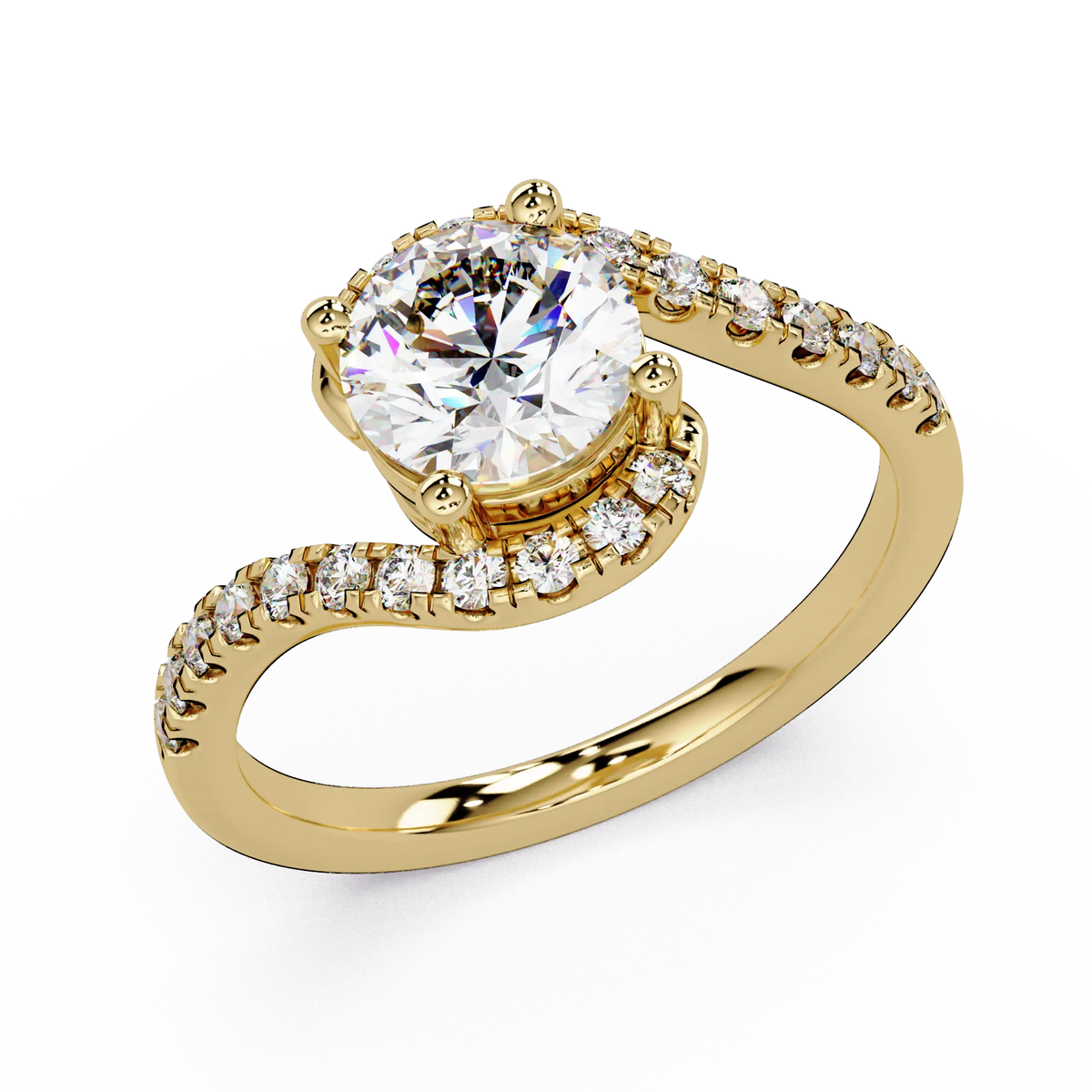 Round Lab Grown Diamond Bypass Engagement Ring - Pave Twist Bridal Ring