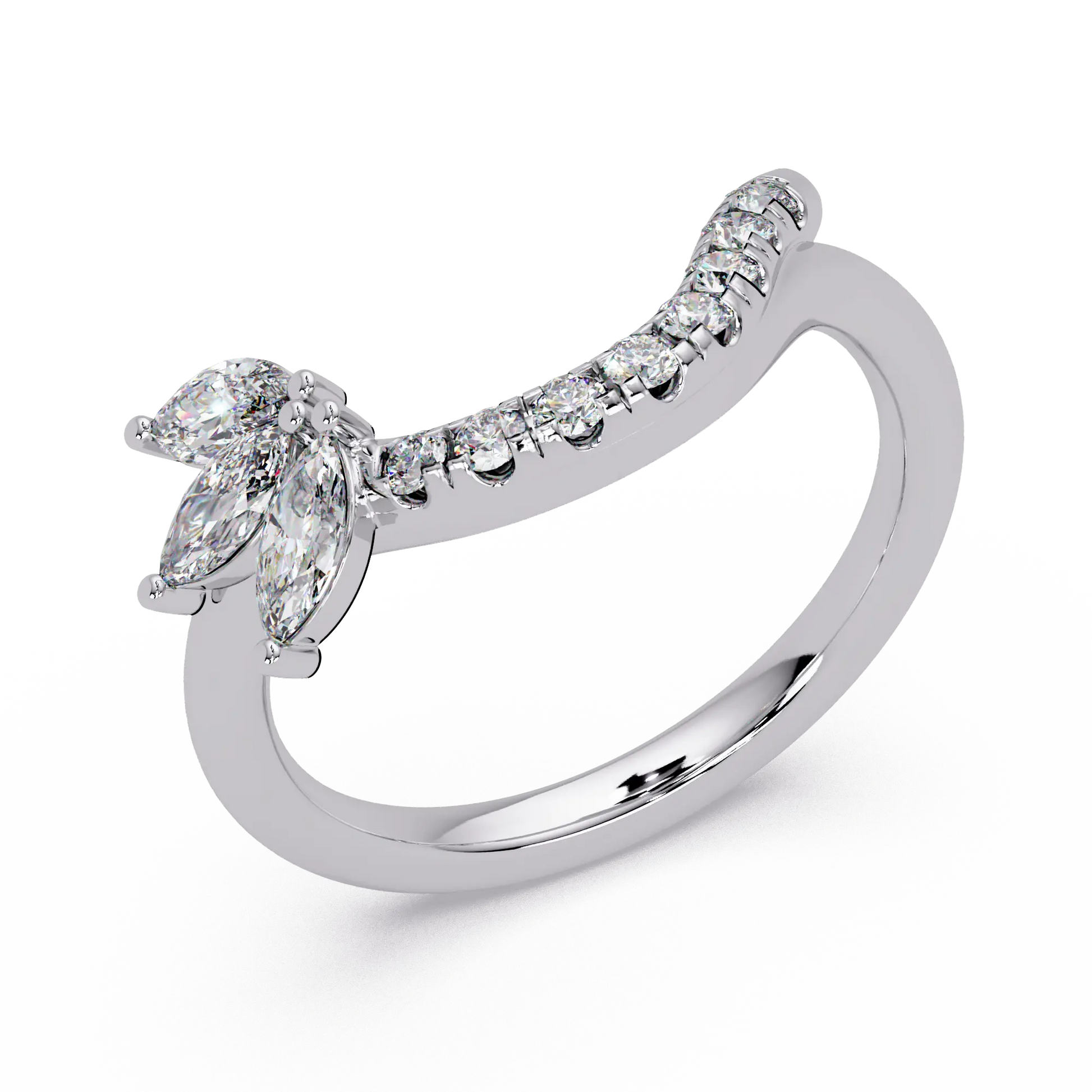 Round Lab Grown Diamond Chevron Wedding Band | Curved Marquise Accent Stackable Ring