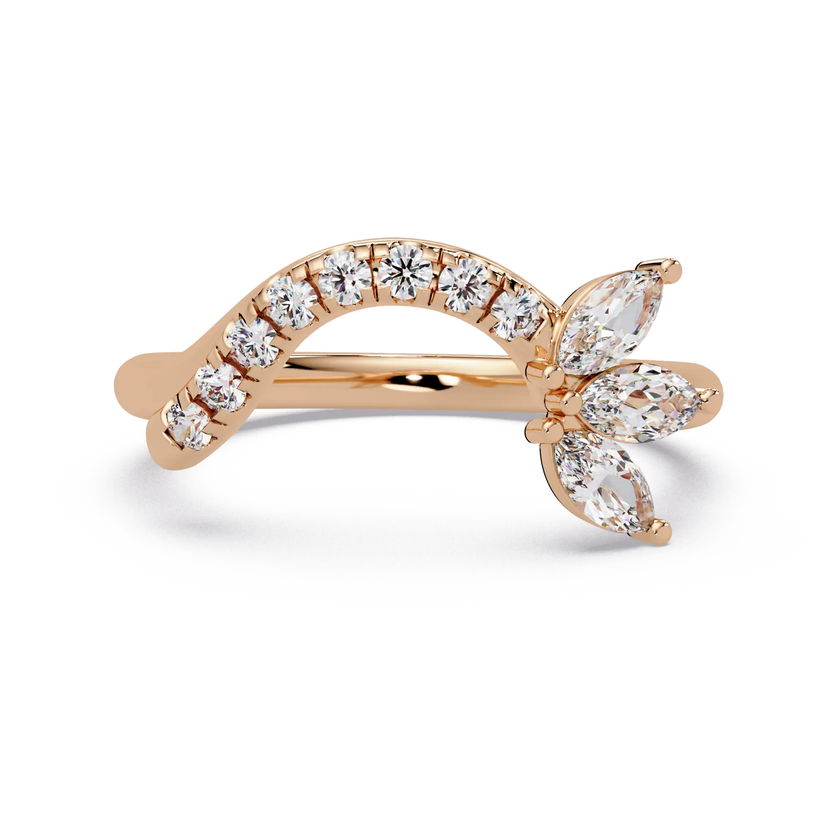Round Lab Grown Diamond Chevron Wedding Band | Curved Marquise Accent Stackable Ring