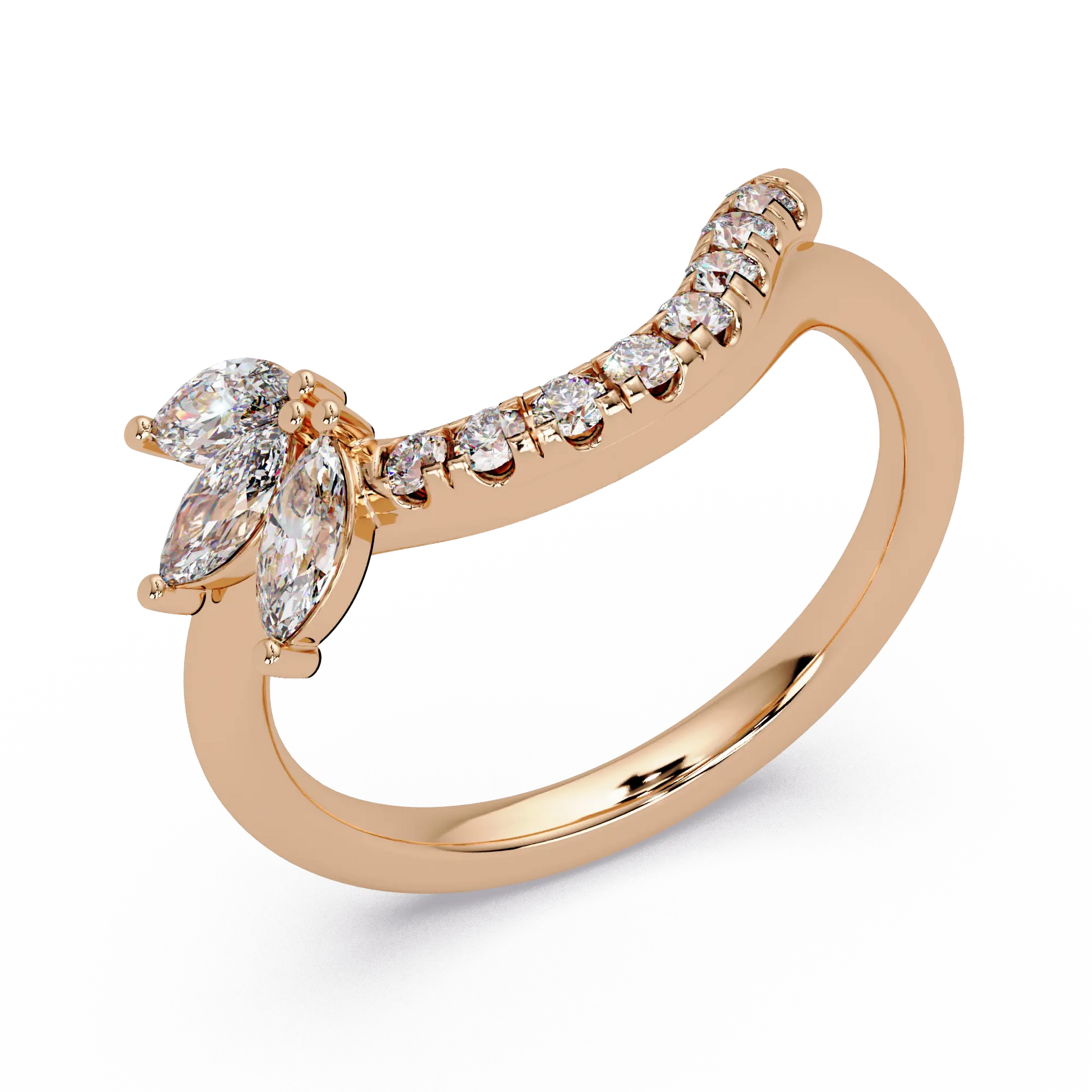 Round Lab Grown Diamond Chevron Wedding Band | Curved Marquise Accent Stackable Ring