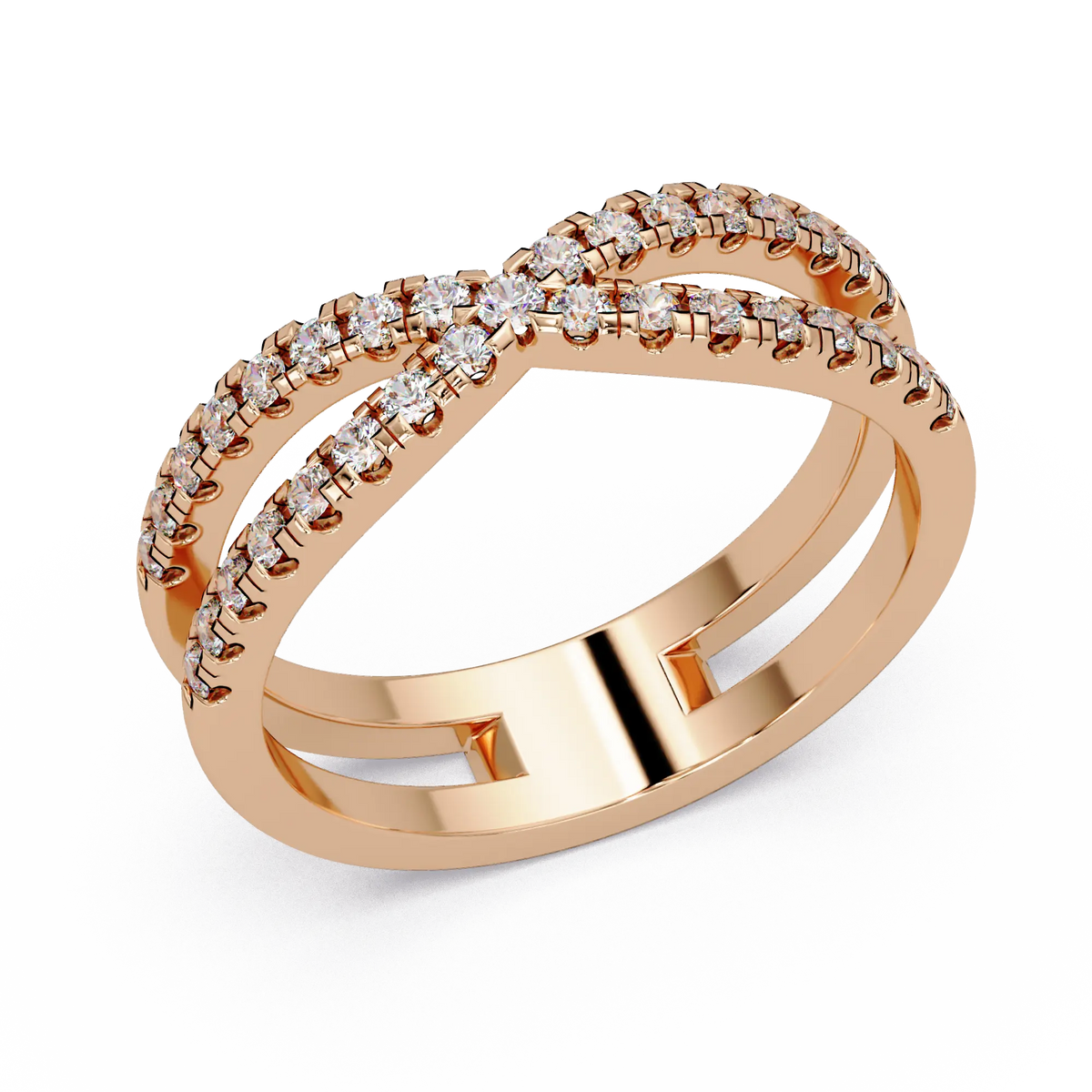 Round Lab Grown Diamond Criss Cross Wedding Band - Double Row Crossover Anniversary Ring