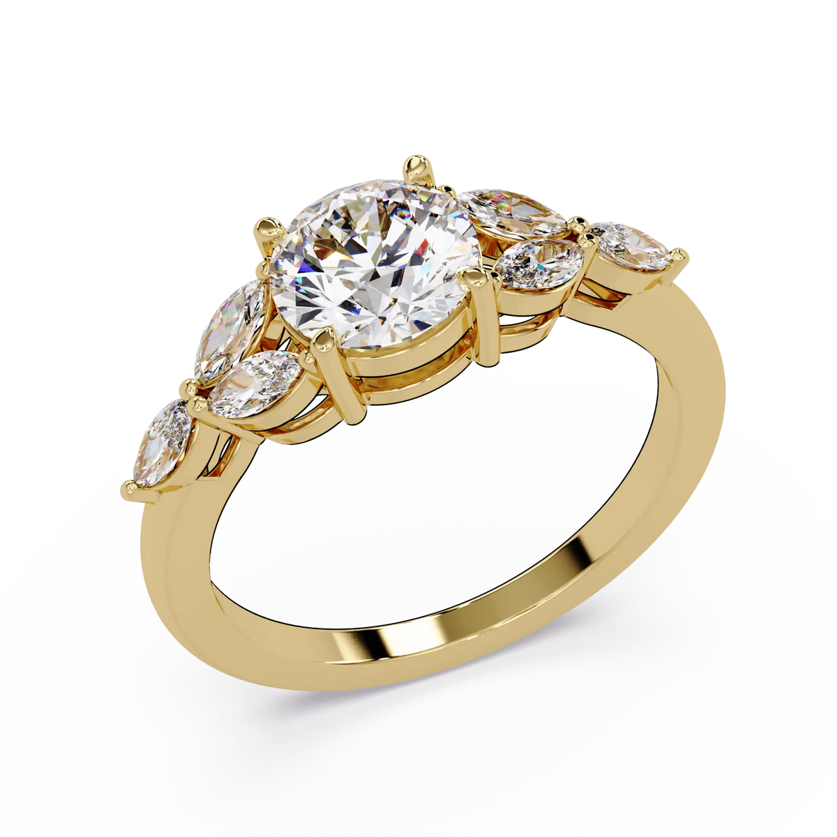 Round Lab Grown Diamond Engagement Ring - Floral Marquise Side Stone Ring
