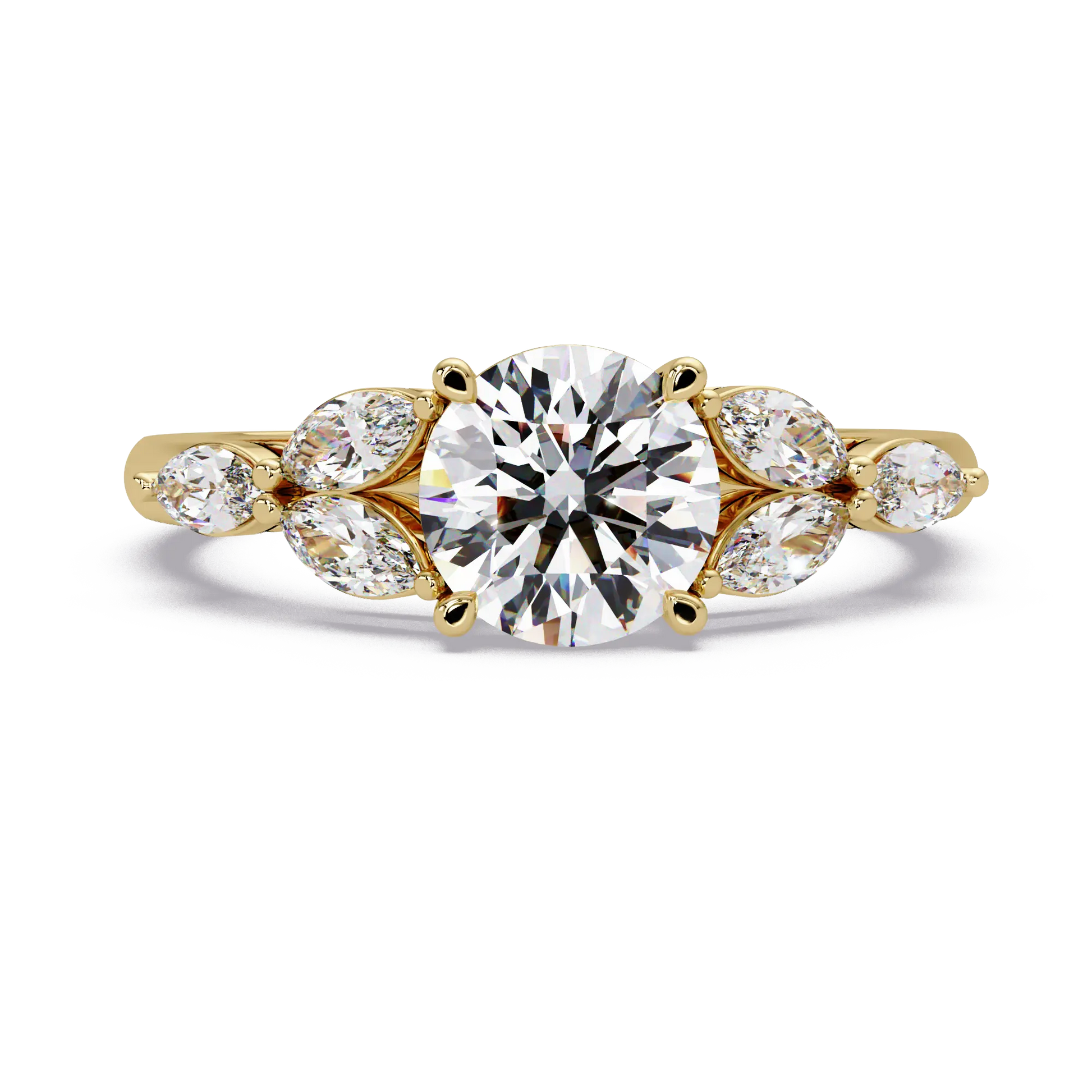 Round Lab Grown Diamond Engagement Ring - Floral Marquise Side Stone Ring