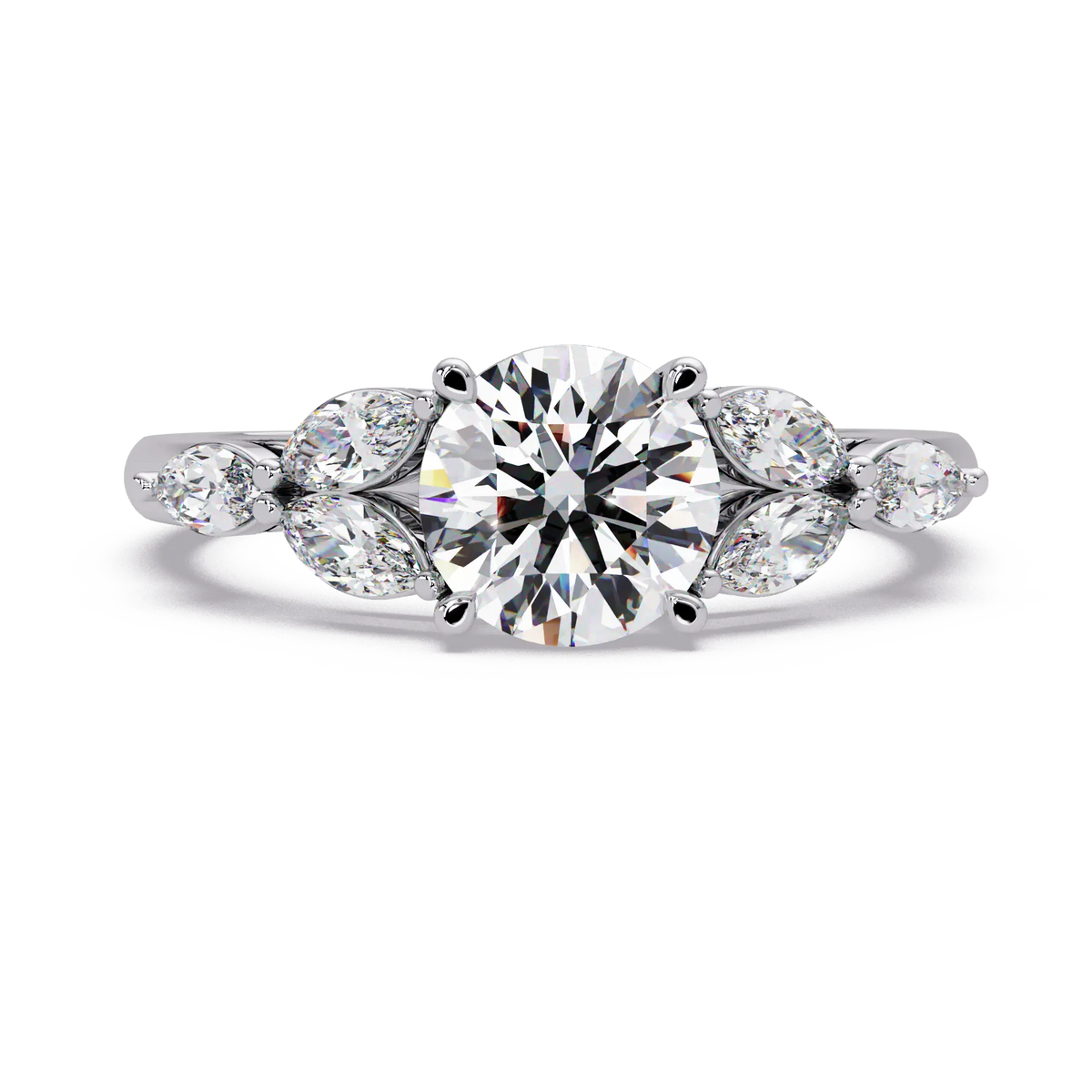 Round Lab Grown Diamond Engagement Ring - Floral Marquise Side Stone Ring