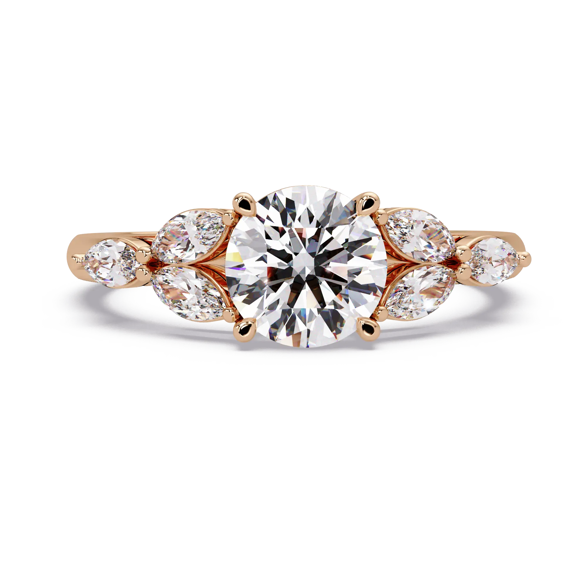 Round Lab Grown Diamond Engagement Ring - Floral Marquise Side Stone Ring