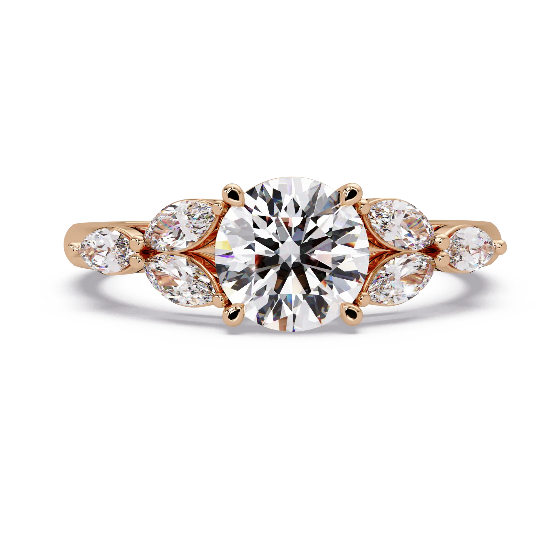 Round Lab Grown Diamond Engagement Ring - Floral Marquise Side Stone Ring