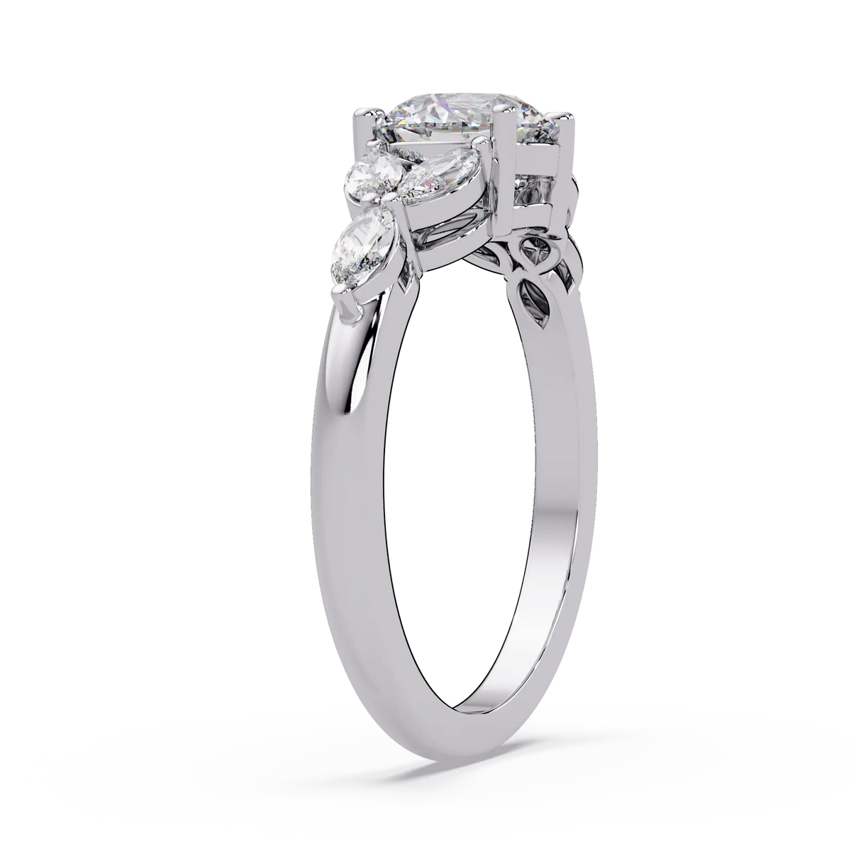 Round Lab Grown Diamond Engagement Ring - Floral Marquise Side Stone Ring