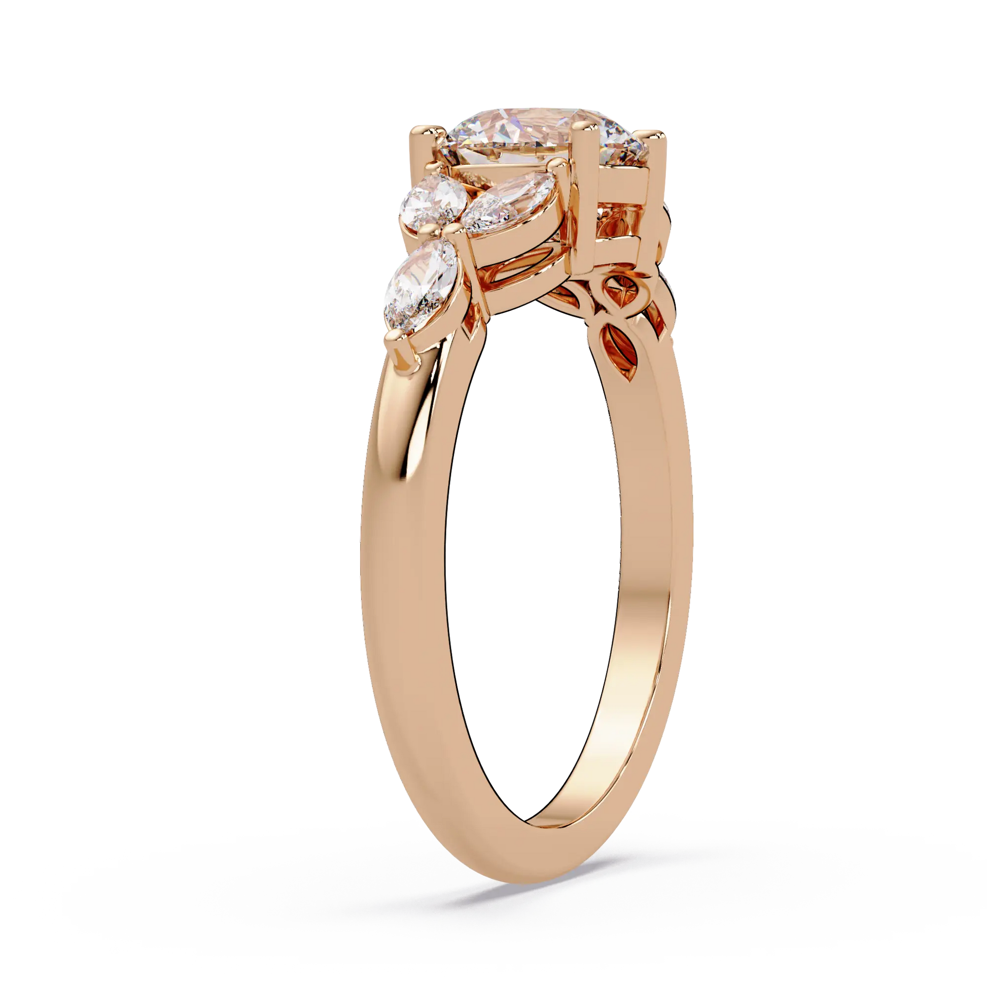 Round Lab Grown Diamond Engagement Ring - Floral Marquise Side Stone Ring