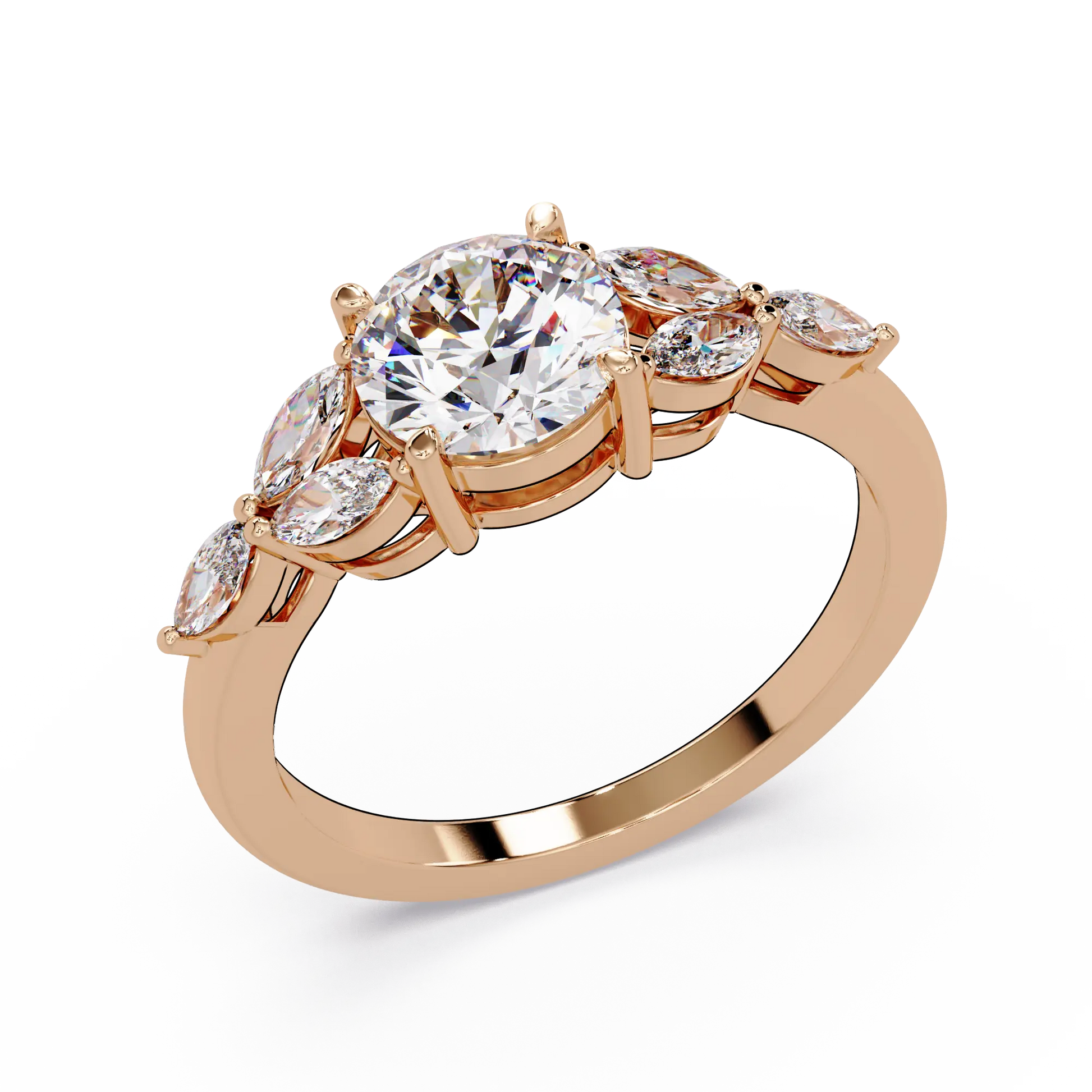 Round Lab Grown Diamond Engagement Ring - Floral Marquise Side Stone Ring