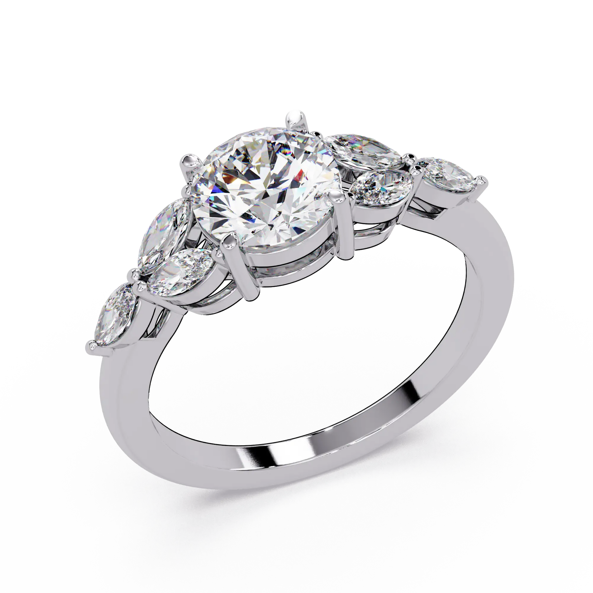 Round Lab Grown Diamond Engagement Ring - Floral Marquise Side Stone Ring