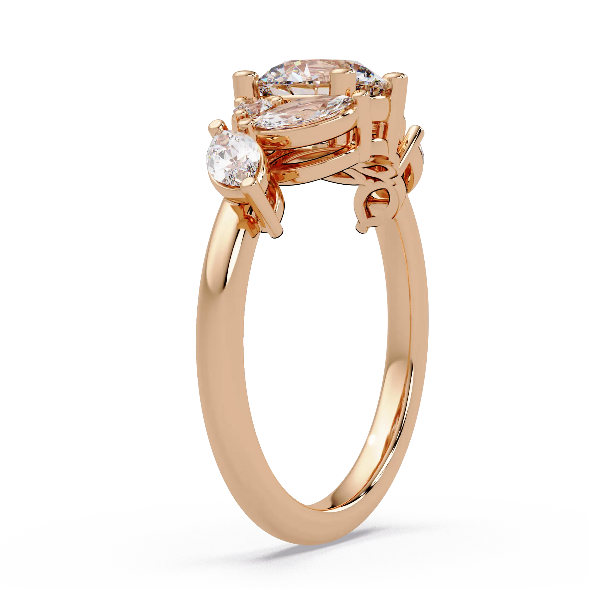 Round Lab Grown Diamond Leaf Side Stone Engagement Ring – Nature Inspired Floral Diamond Ring