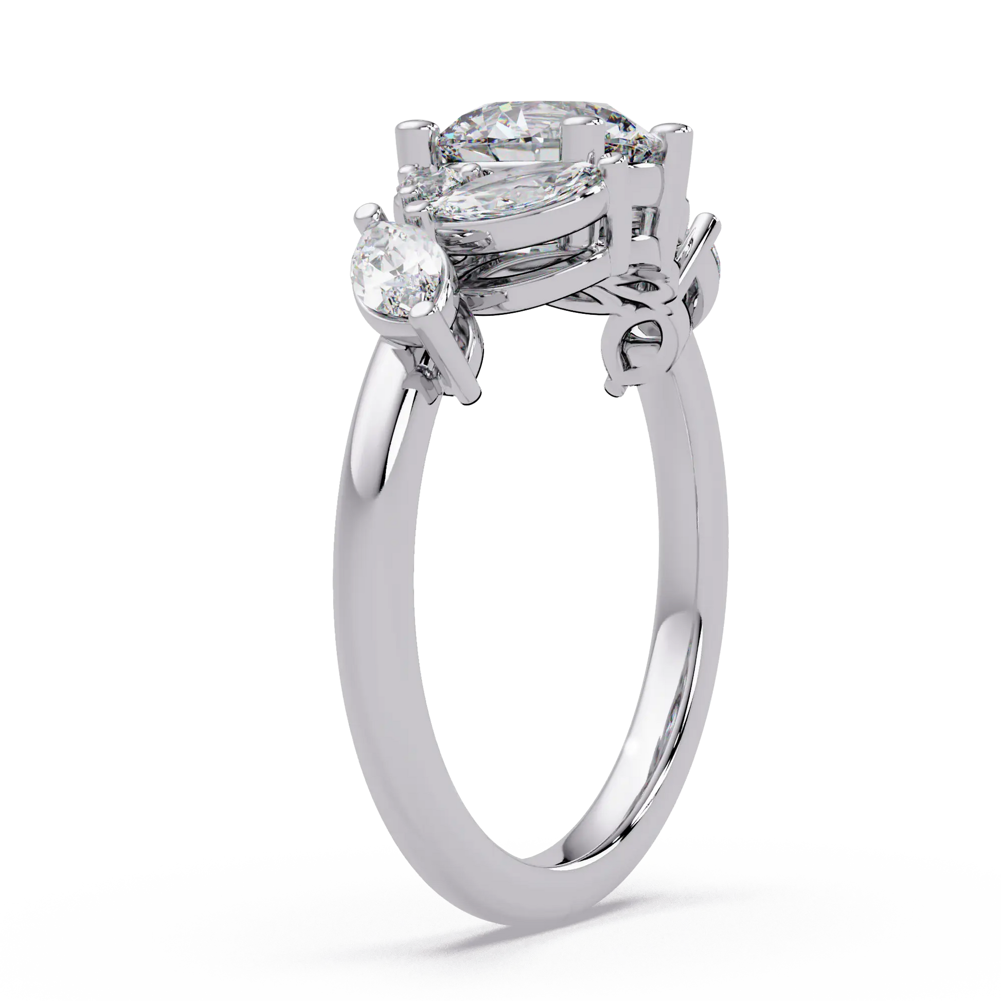 Round Lab Grown Diamond Leaf Side Stone Engagement Ring – Nature Inspired Floral Diamond Ring