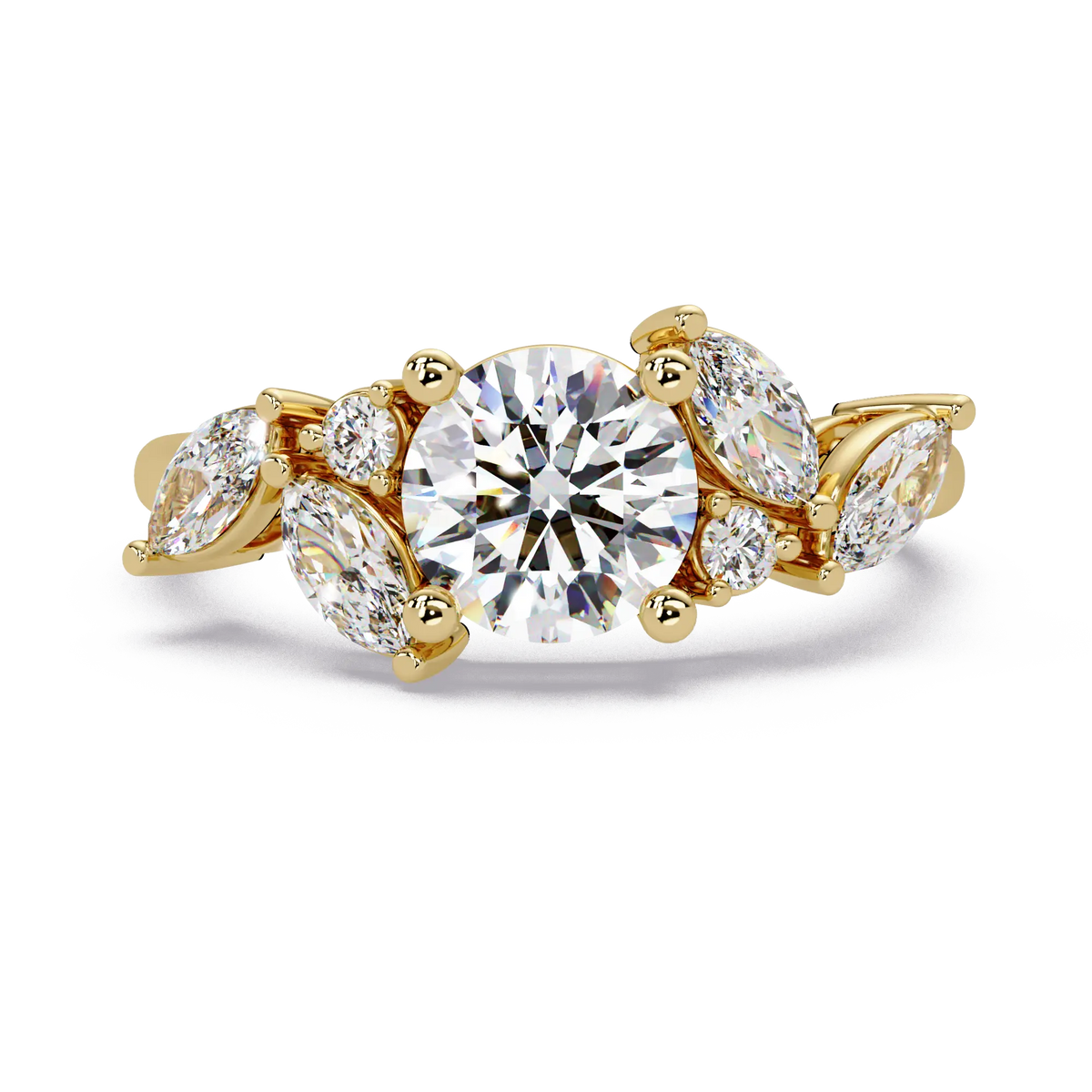 Round Lab Grown Diamond Leaf Side Stone Engagement Ring – Nature Inspired Floral Diamond Ring