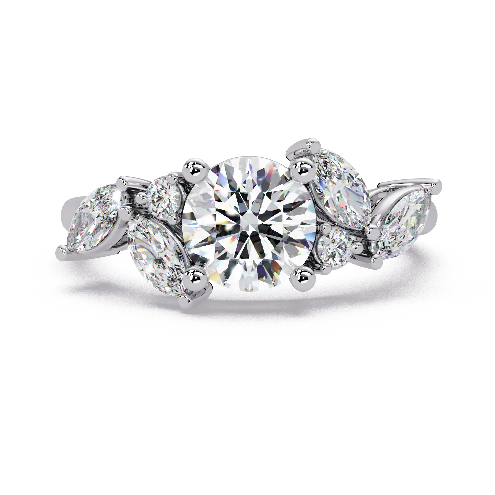 Round Lab Grown Diamond Leaf Side Stone Engagement Ring – Nature Inspired Floral Diamond Ring