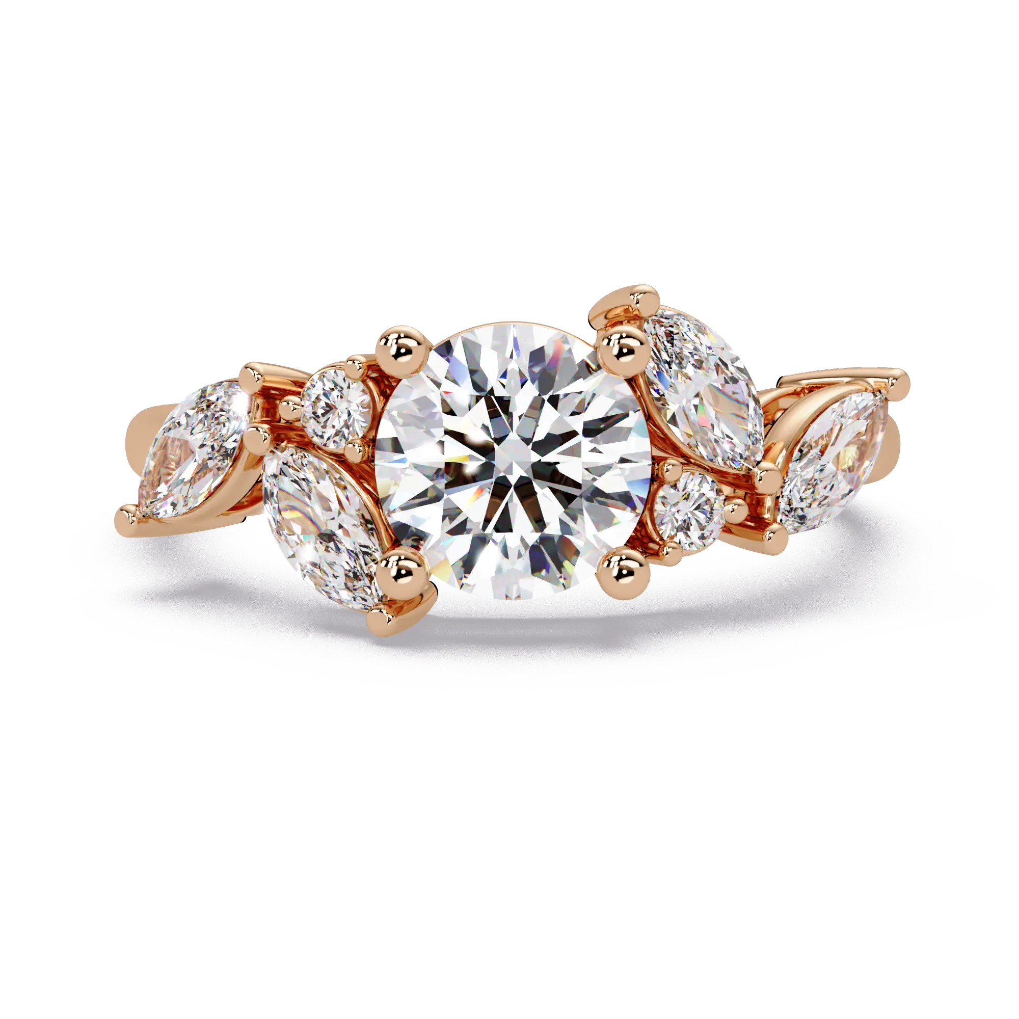 Round Lab Grown Diamond Leaf Side Stone Engagement Ring – Nature Inspired Floral Diamond Ring