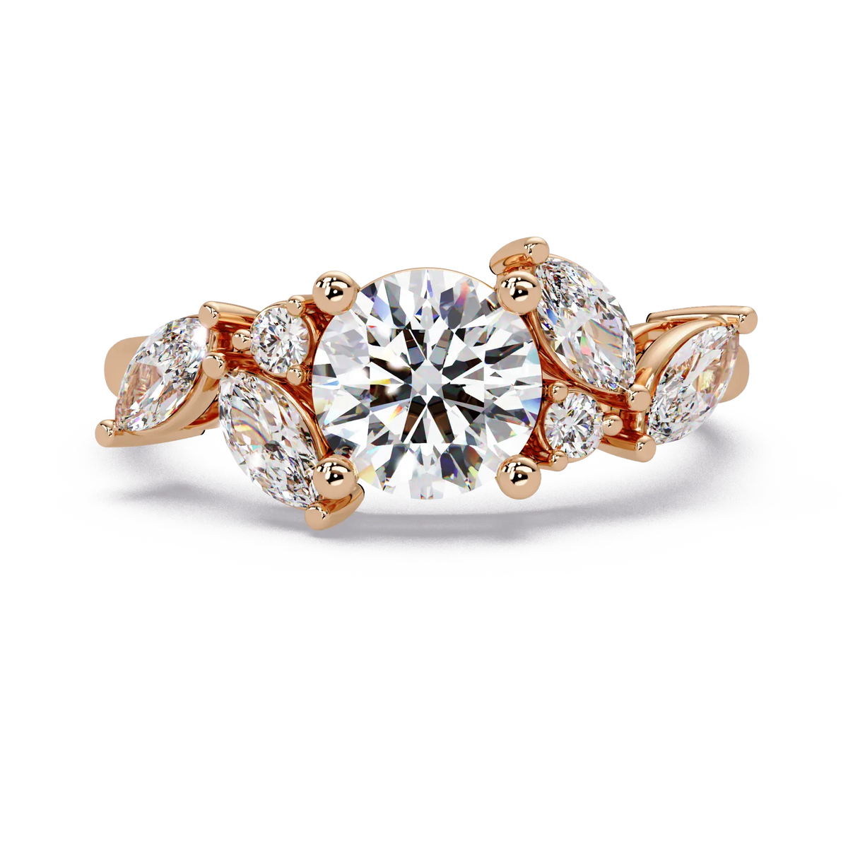 Round Lab Grown Diamond Leaf Side Stone Engagement Ring – Nature Inspired Floral Diamond Ring