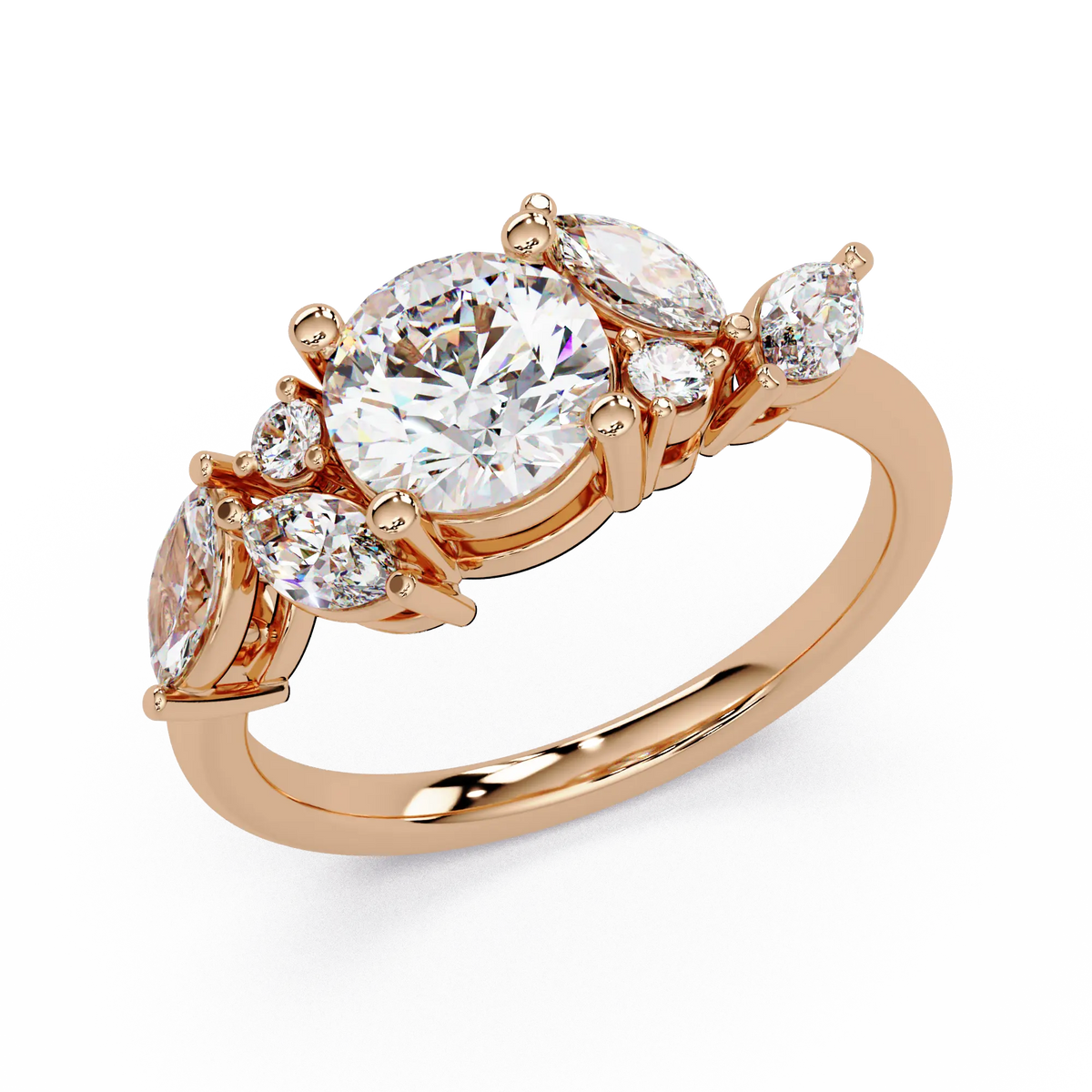 Round Lab Grown Diamond Leaf Side Stone Engagement Ring – Nature Inspired Floral Diamond Ring