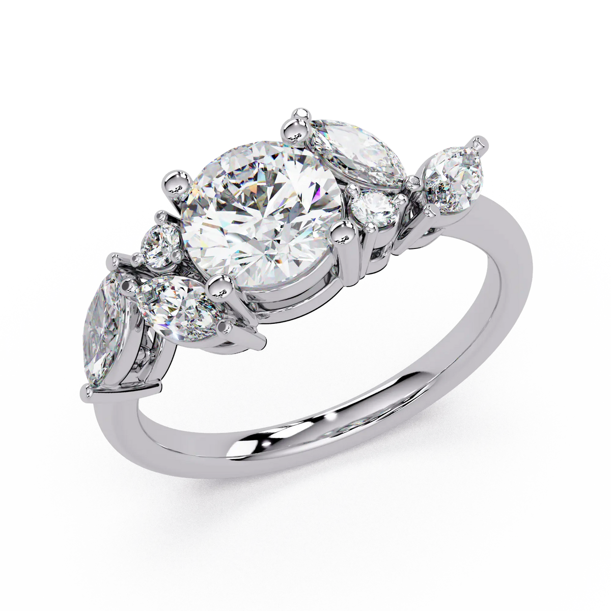 Round Lab Grown Diamond Leaf Side Stone Engagement Ring – Nature Inspired Floral Diamond Ring