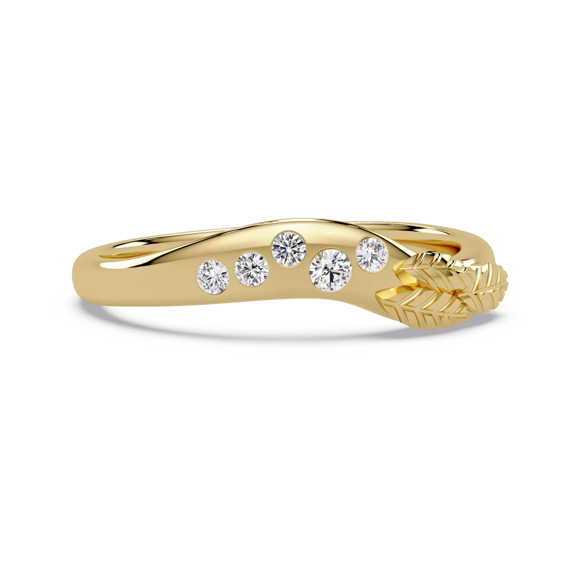 Round Lab Grown Diamond Nature Inspired Wedding Band & Leaf Accent Curved Anniversary Ring