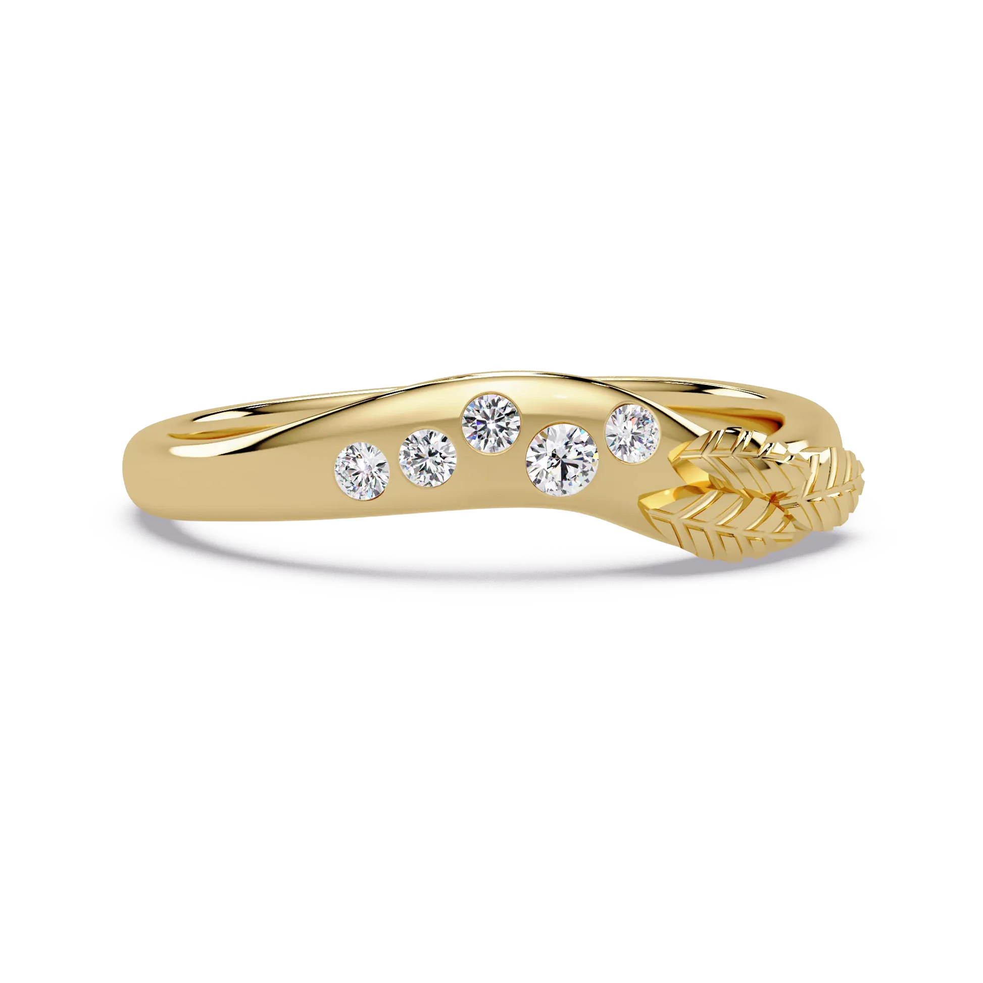 Round Lab Grown Diamond Nature Inspired Wedding Band & Leaf Accent Curved Anniversary Ring