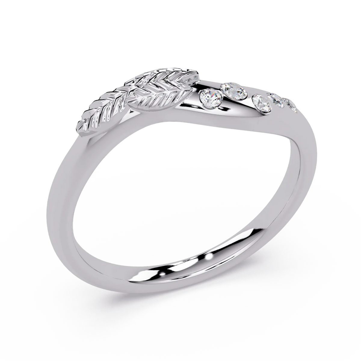 Round Lab Grown Diamond Nature Inspired Wedding Band & Leaf Accent Curved Anniversary Ring