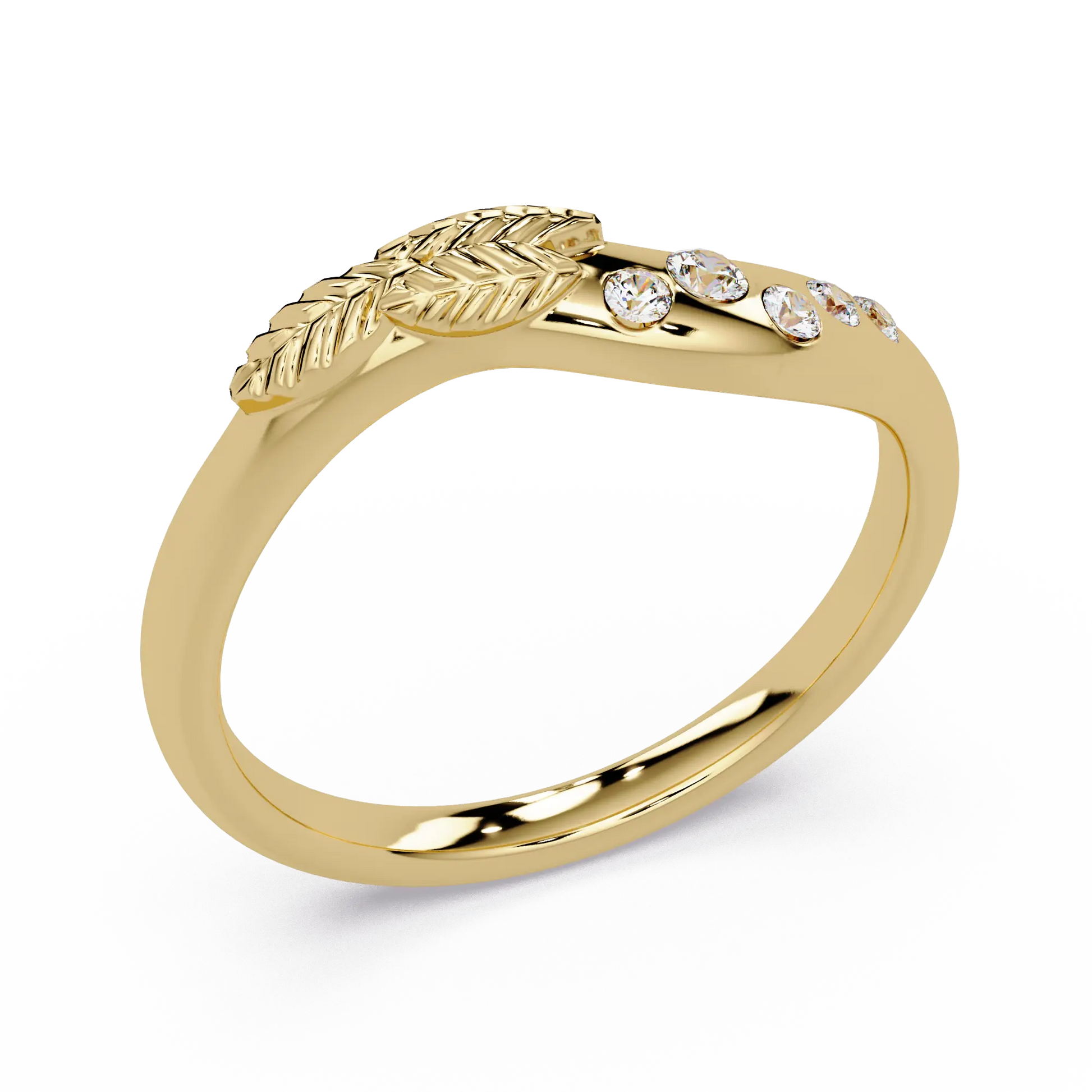 Round Lab Grown Diamond Nature Inspired Wedding Band & Leaf Accent Curved Anniversary Ring