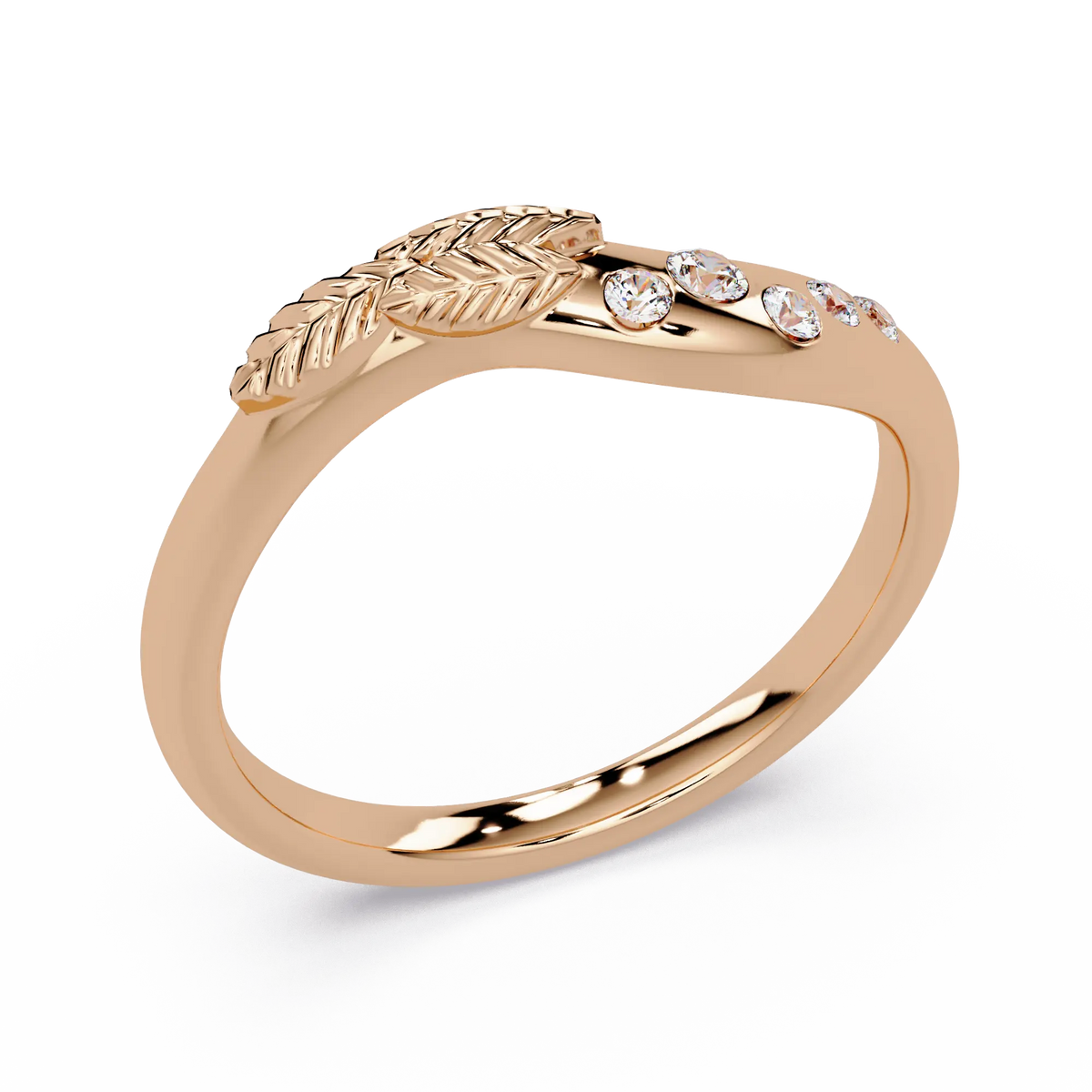 Round Lab Grown Diamond Nature Inspired Wedding Band & Leaf Accent Curved Anniversary Ring