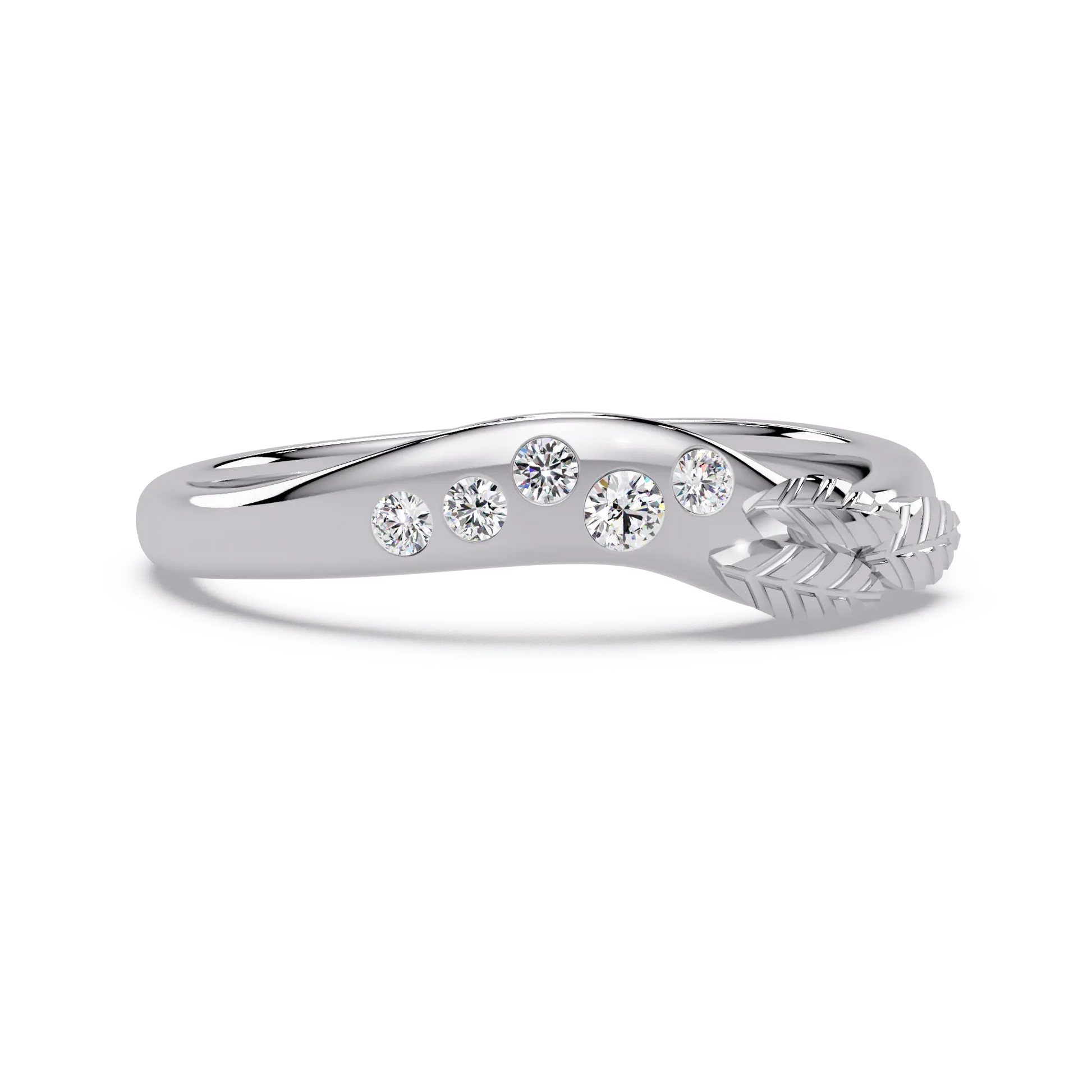 Round Lab Grown Diamond Nature Inspired Wedding Band & Leaf Accent Curved Anniversary Ring