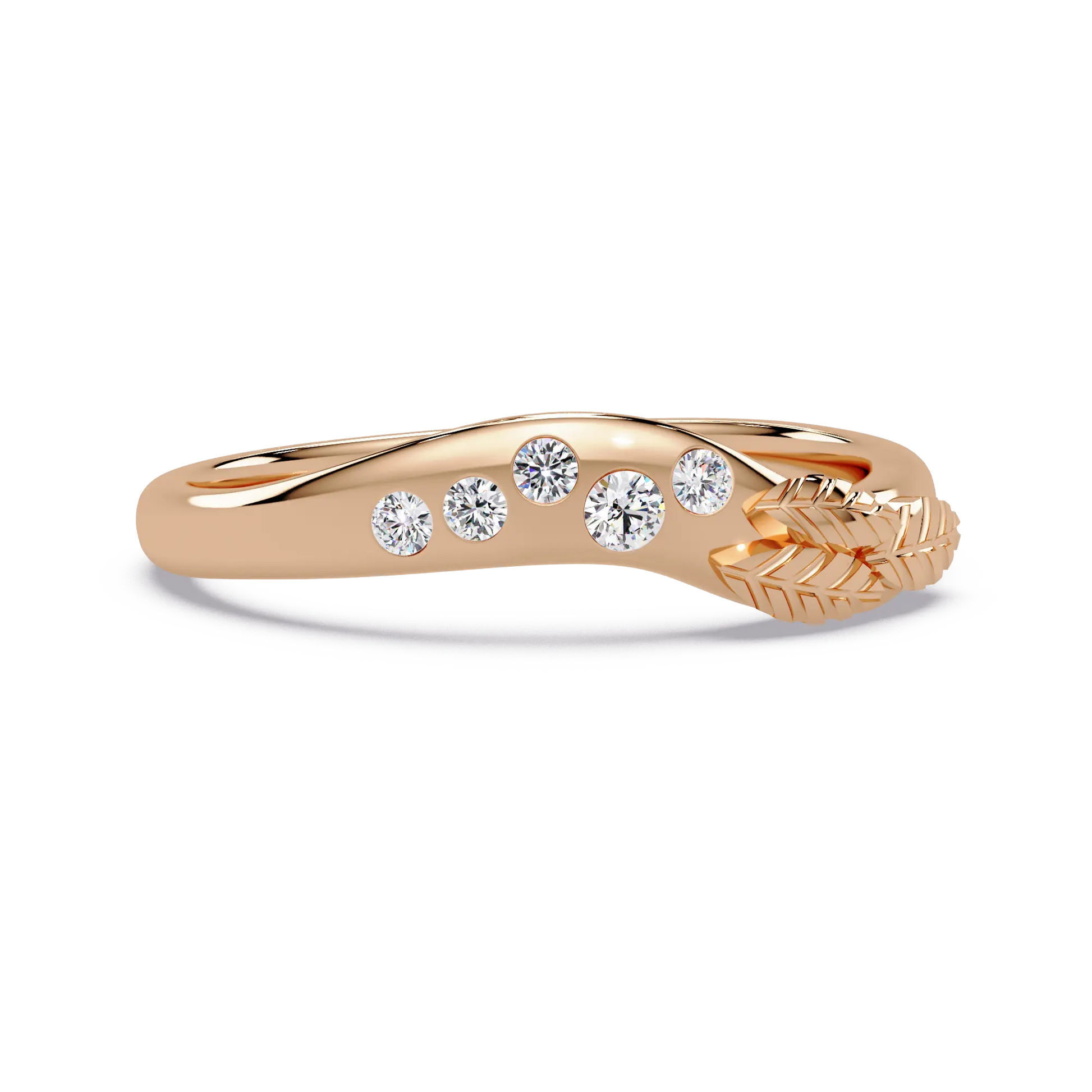 Round Lab Grown Diamond Nature Inspired Wedding Band & Leaf Accent Curved Anniversary Ring