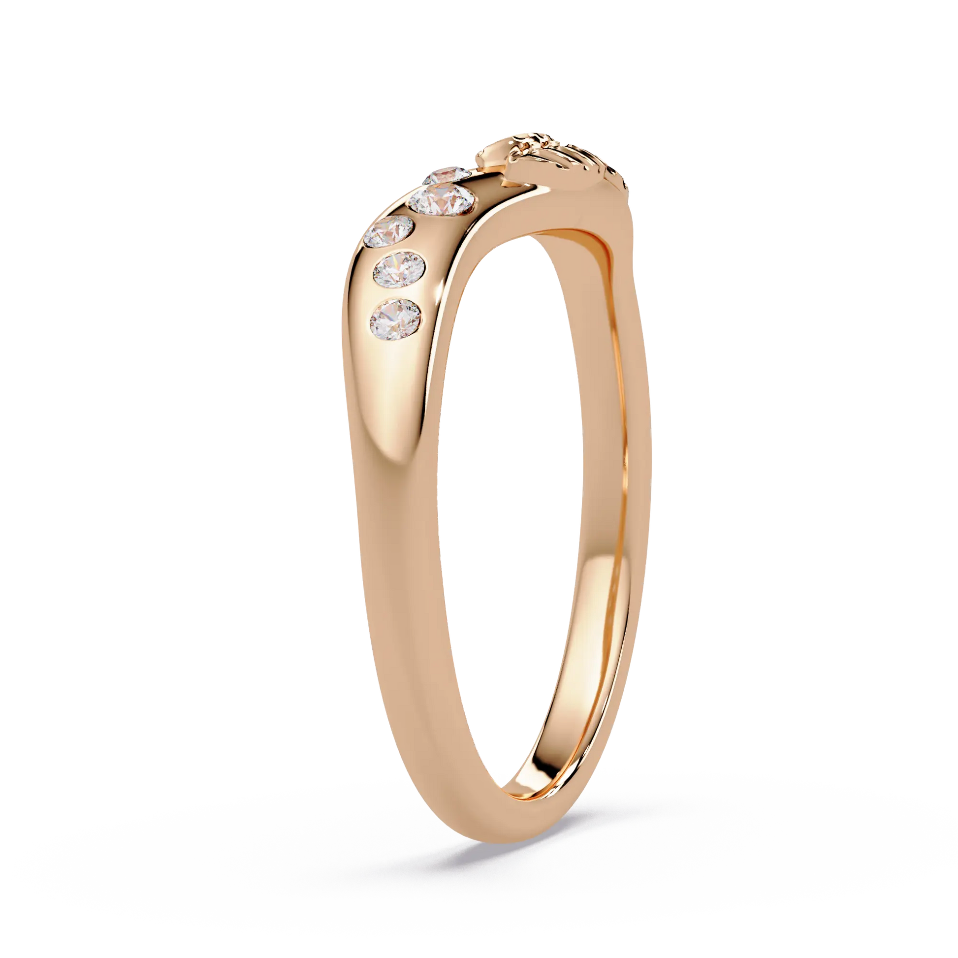 Round Lab Grown Diamond Nature Inspired Wedding Band & Leaf Accent Curved Anniversary Ring