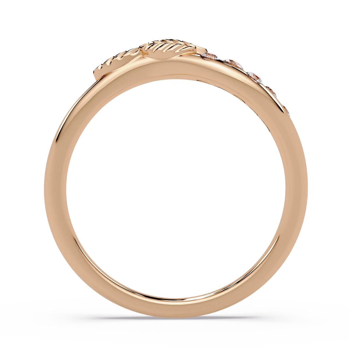 Round Lab Grown Diamond Nature Inspired Wedding Band & Leaf Accent Curved Anniversary Ring