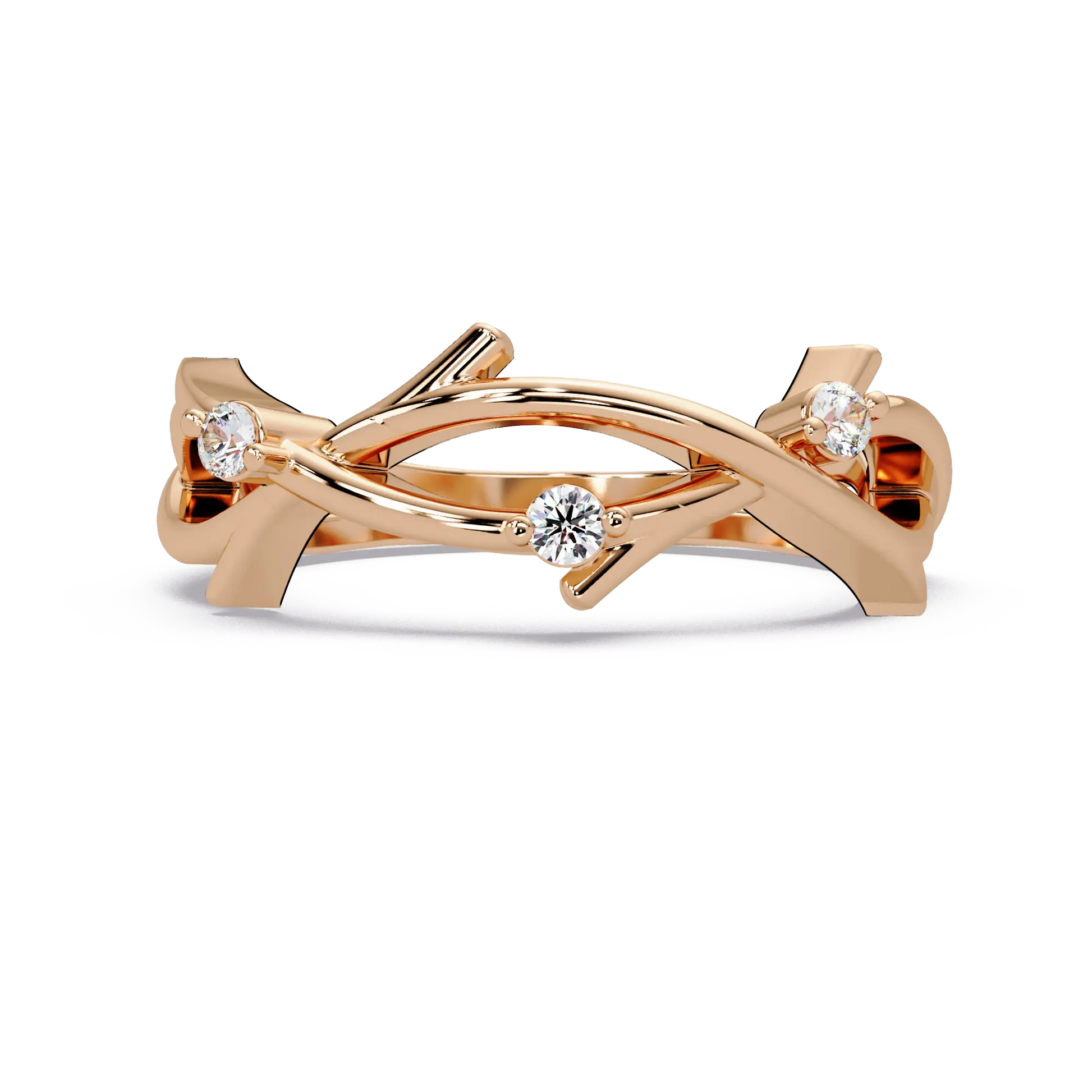 Round Lab Grown Diamond Twisted Vine Wedding Band & Nature Inspired Curved Stackable Ring
