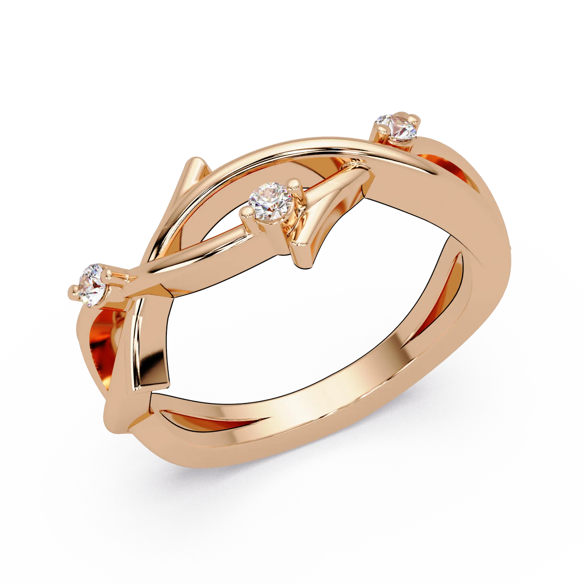 Round Lab Grown Diamond Twisted Vine Wedding Band & Nature Inspired Curved Stackable Ring