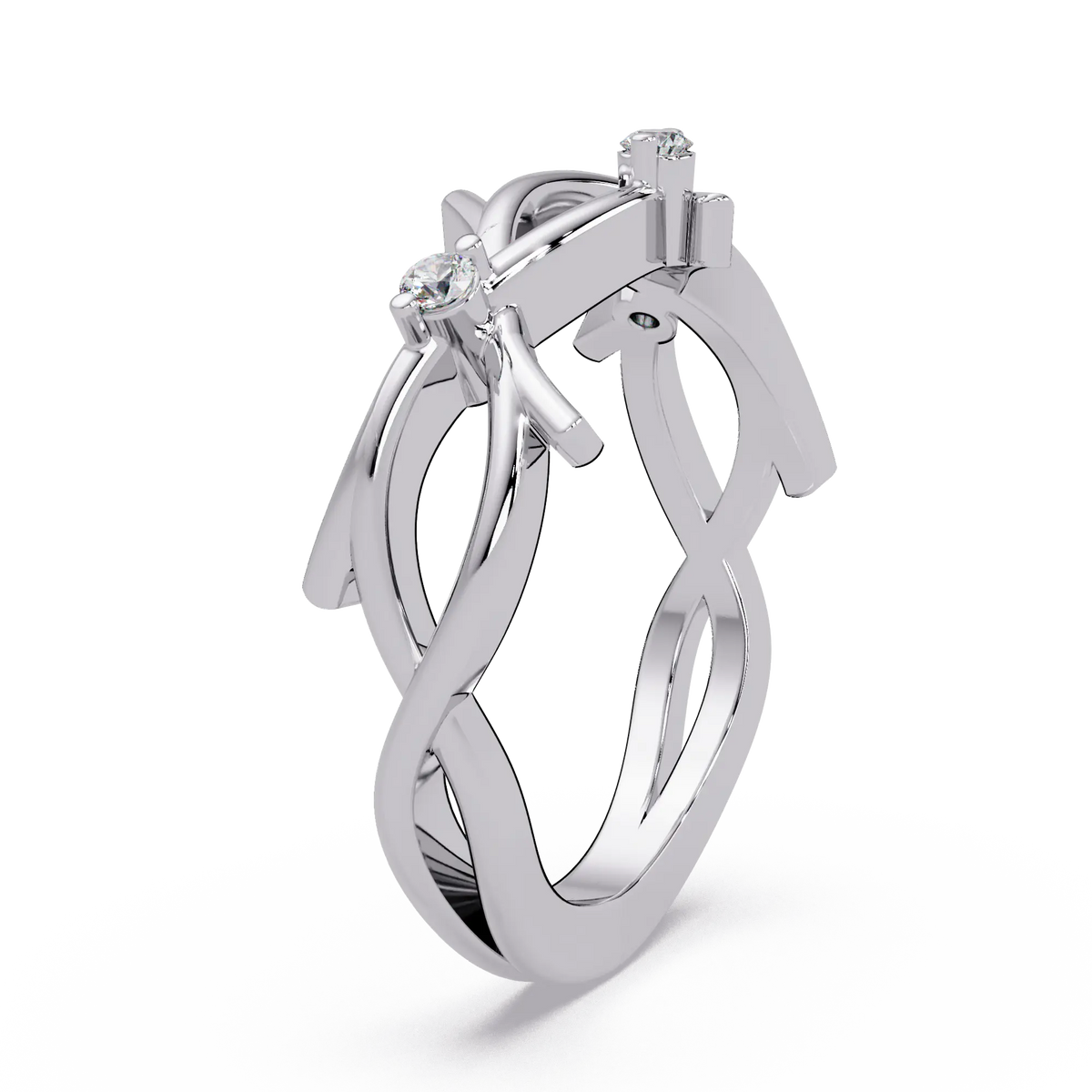Round Lab Grown Diamond Twisted Vine Wedding Band & Nature Inspired Curved Stackable Ring