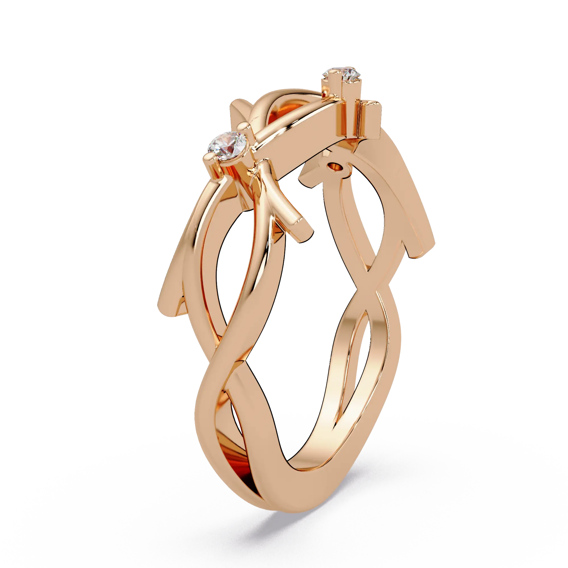 Round Lab Grown Diamond Twisted Vine Wedding Band & Nature Inspired Curved Stackable Ring