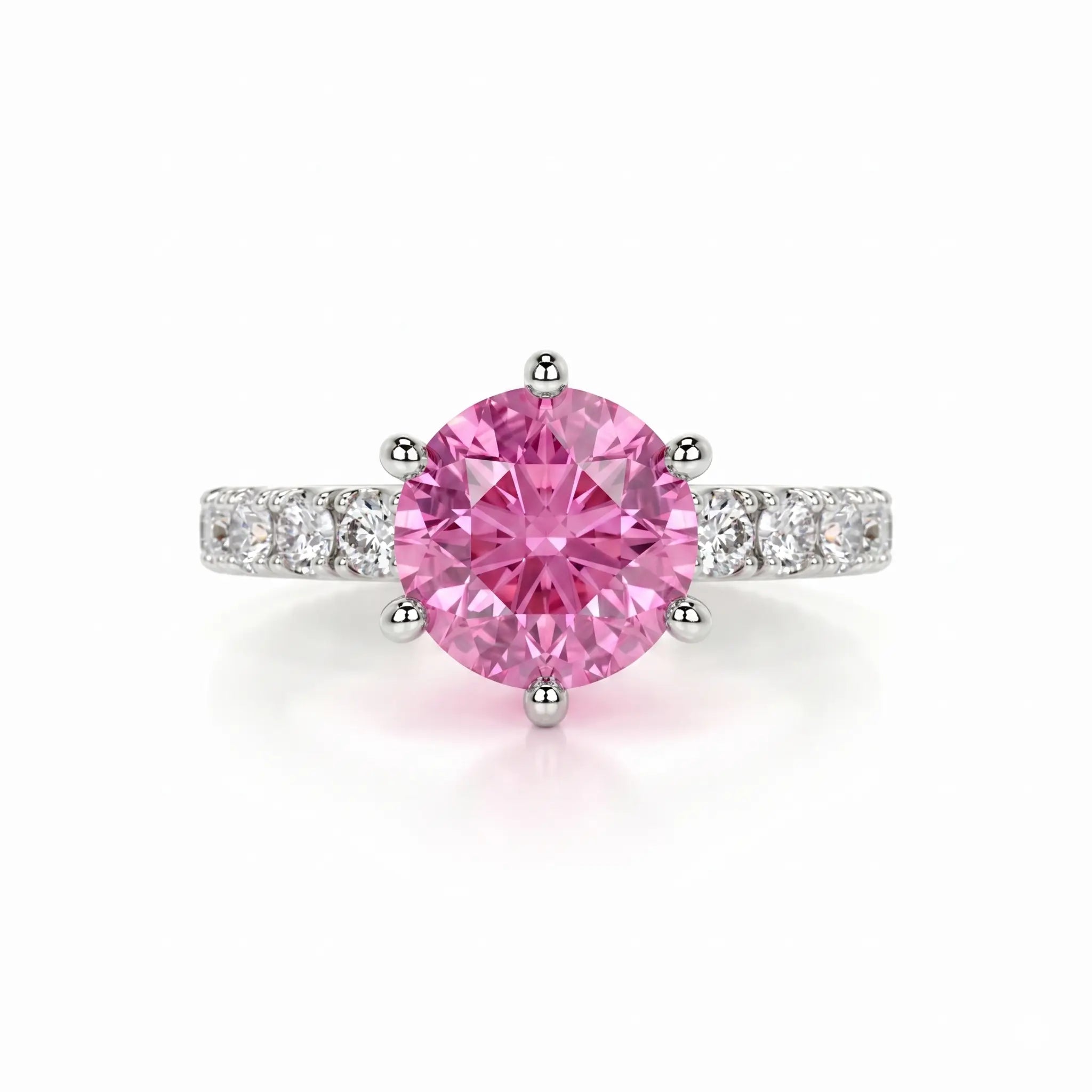 Round Lab Grown Pink Sapphire Engagement Ring with Diamond Accented Band – Classic Solitaire Gemstone Ring for Women