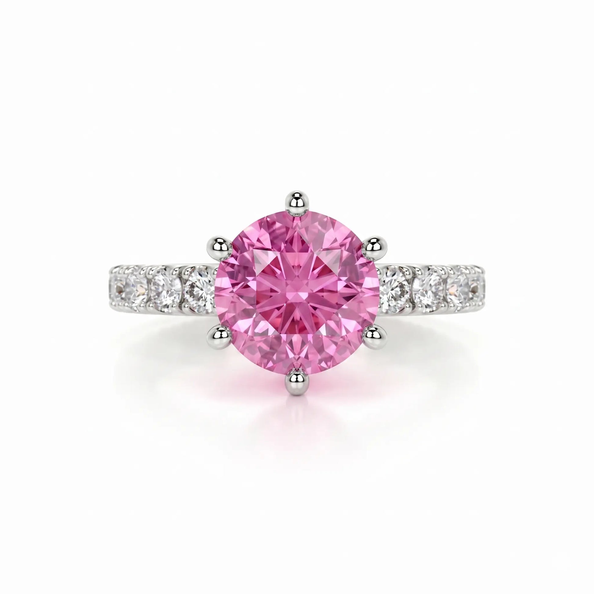 Round Lab Grown Pink Sapphire Engagement Ring with Diamond Accented Band – Classic Solitaire Gemstone Ring for Women