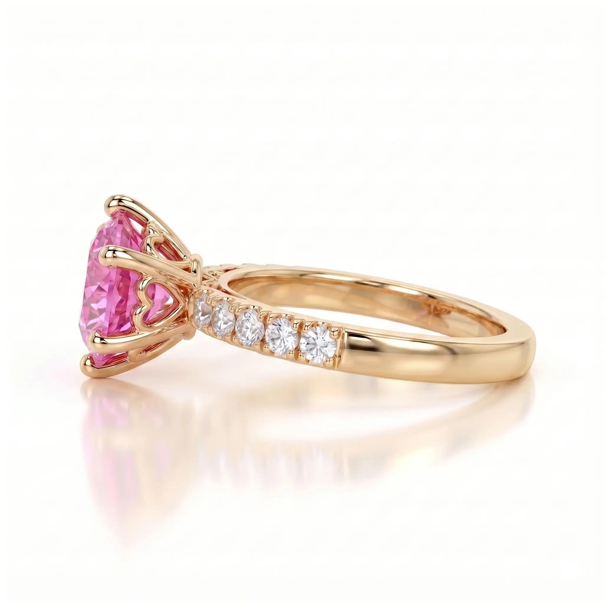 Round Lab Grown Pink Sapphire Engagement Ring with Diamond Accented Band – Classic Solitaire Gemstone Ring for Women