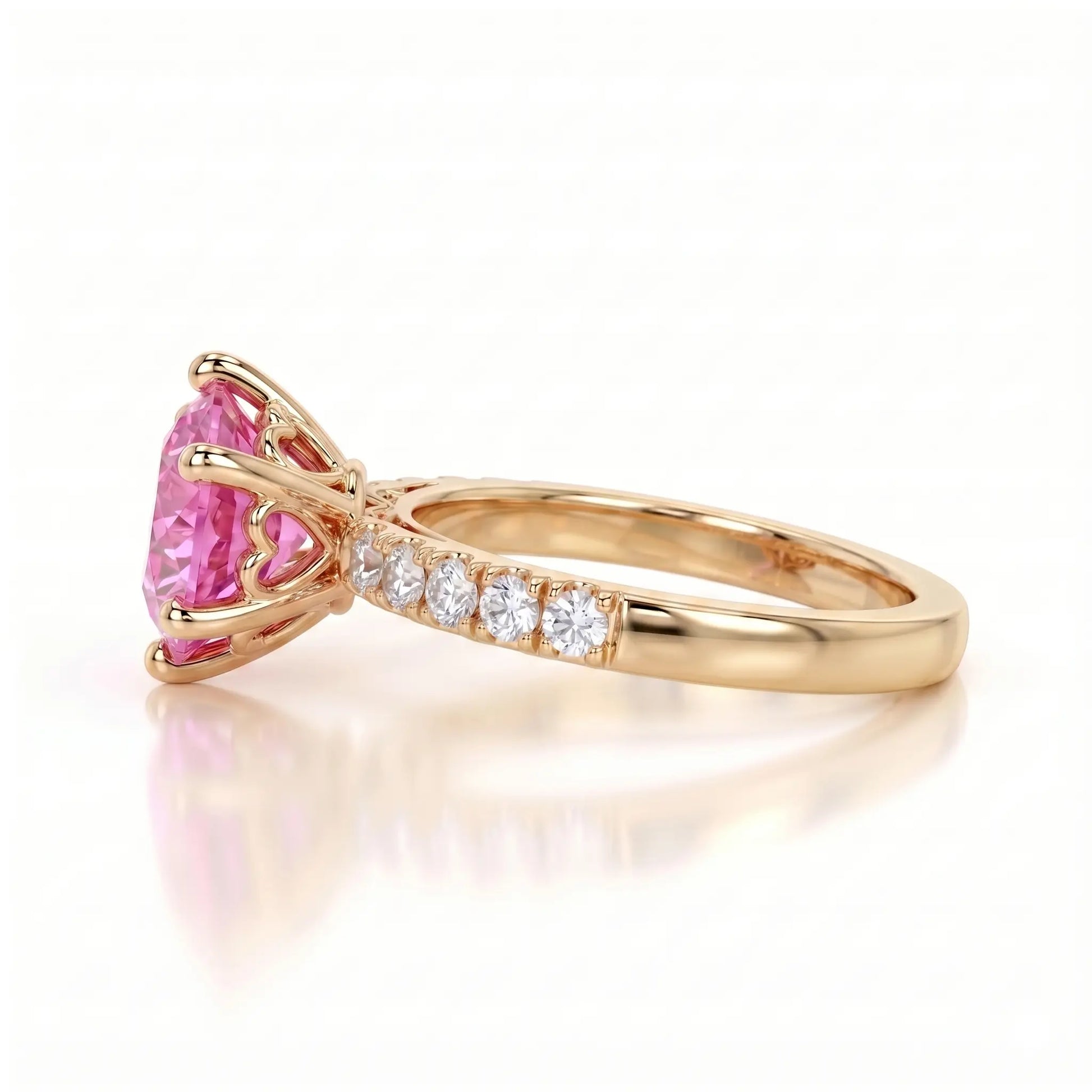 Round Lab Grown Pink Sapphire Engagement Ring with Diamond Accented Band – Classic Solitaire Gemstone Ring for Women