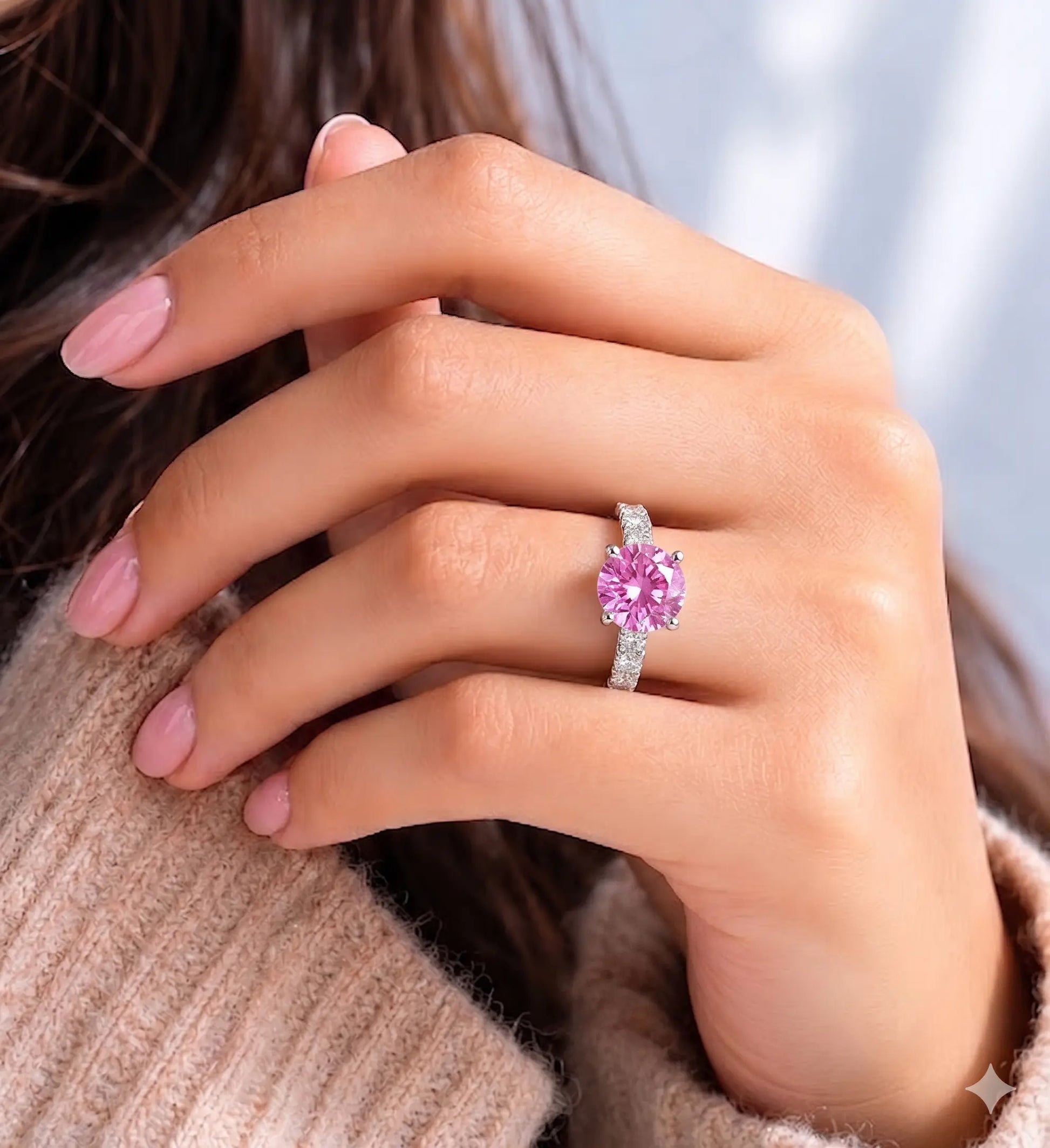 Round Lab Grown Pink Sapphire Engagement Ring with Diamond Accented Band – Classic Solitaire Gemstone Ring for Women