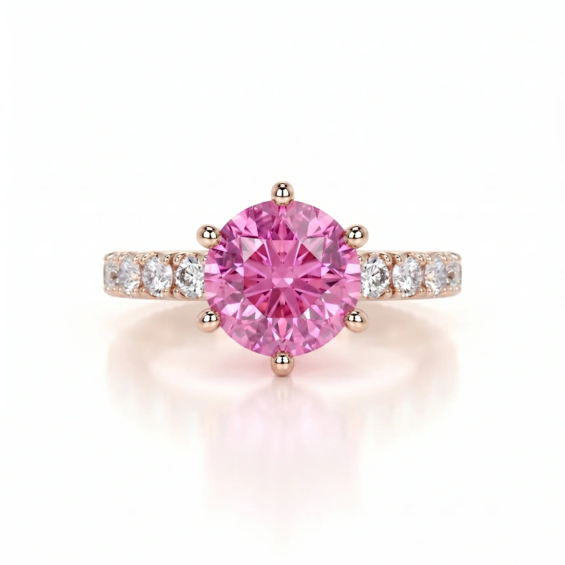 Round Lab Grown Pink Sapphire Engagement Ring with Diamond Accented Band – Classic Solitaire Gemstone Ring for Women