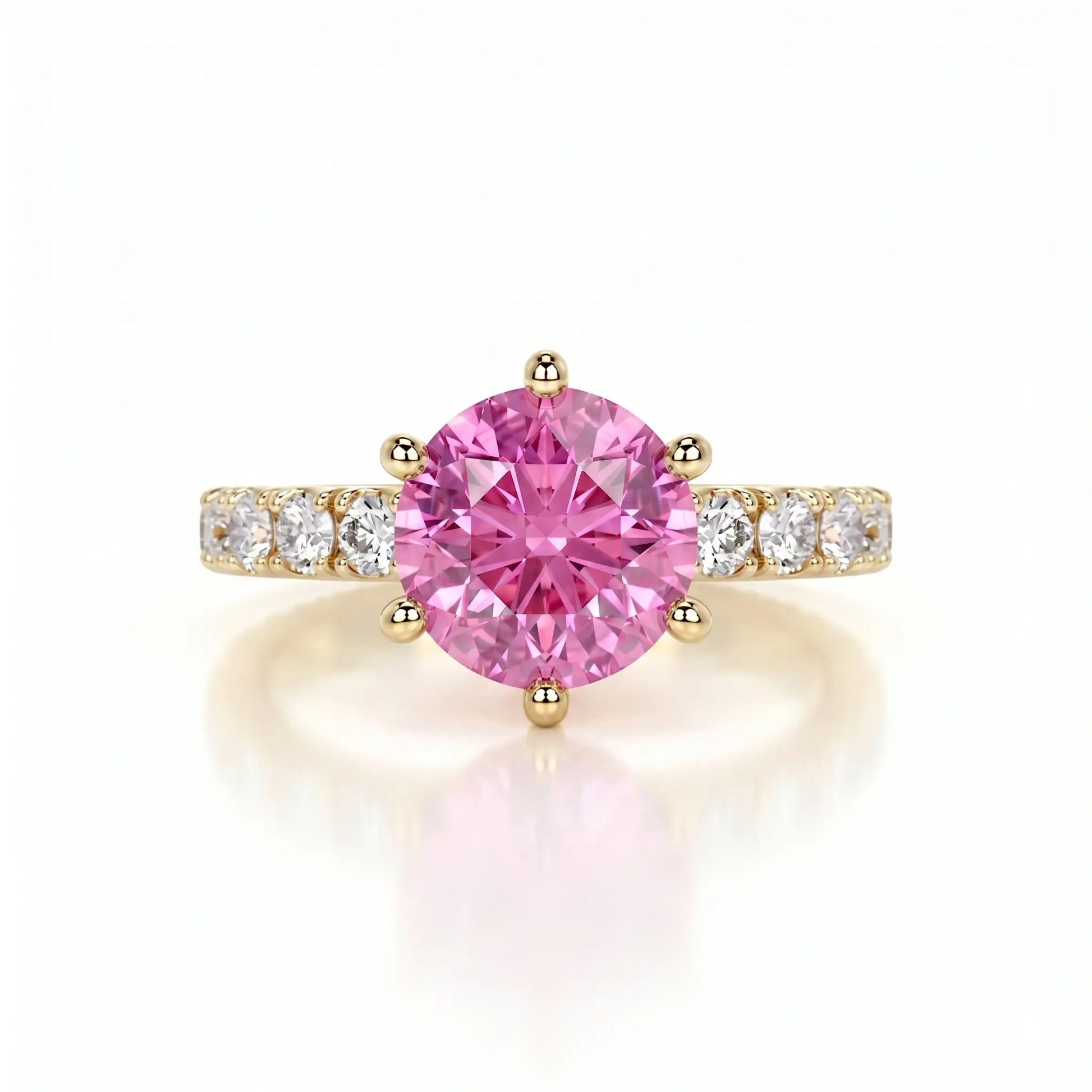 Round Lab Grown Pink Sapphire Engagement Ring with Diamond Accented Band – Classic Solitaire Gemstone Ring for Women